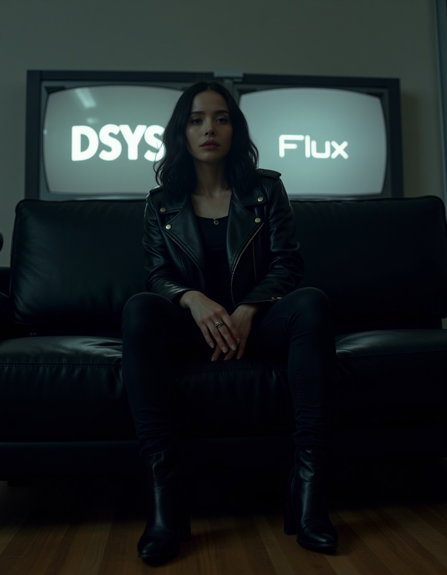 a woman is sitting on a black couch,she is wearing a black leather jacket and black boots,there are two tv screens in front of her with signal text "DSYS",and "Flux",film grain,