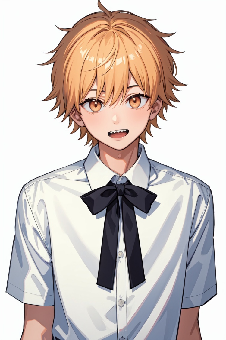 masterpiece,best quality, highly detailed, denji_(chainsaw_man),1boy,male_focus,simple_background,sharp_teeth,white_shirt,solo,open_mouth,looking_at_viewer,collared_shirt<lora:denji_(chainsaw_man):1>,simple background,white background