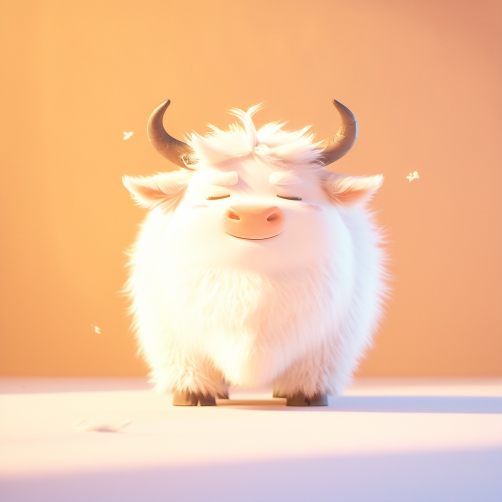 chouniu,cow,soft lighting,^ ^,cc-color-correction,whimsy and dramatic lighting,white fur,warm colors,mf-movie-filter,cute,no humans,solo,closed eyes,fluffy,full body,cow focus,horns,cow tail,standing,orange background,facing viewer,closed mouth,tail,cow horns,simple background,<lora:chouniu_xl:0.8>,