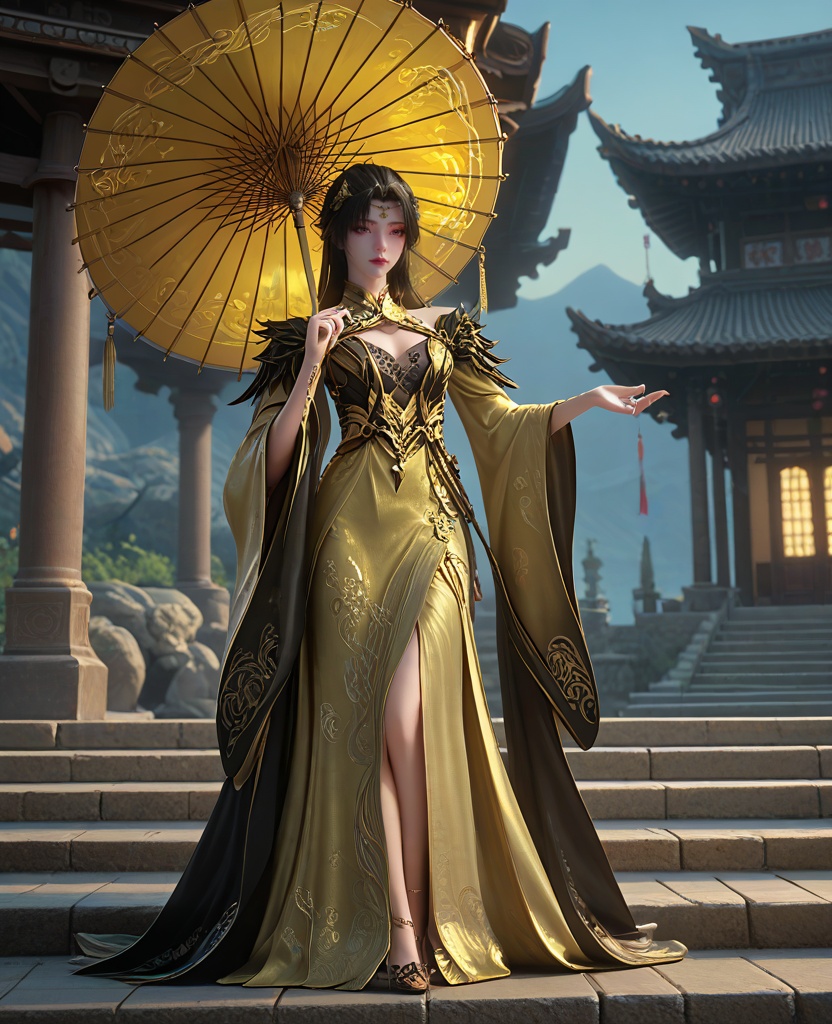 (oriental architecture, elegant decor, sophisticated style:1.1),(Posing with one hand on the chin, looking contemplative,:1.1),(breasts:1.2),<lora:XL16长生界柳如烟:0.95>,miss liuruyan,yellow dress,pink eyes,black hair,long hair,hair ornament,shoulder trim,black lace bra,mole,wide sleeves,overskirt,black footwear,holding umbrella,, score_9,score_8_up,score_7_up,score_6_up,score_5_up,score_4_up,3d rendering,tag1,tag2, Cinematic Lighting,backlighting,
