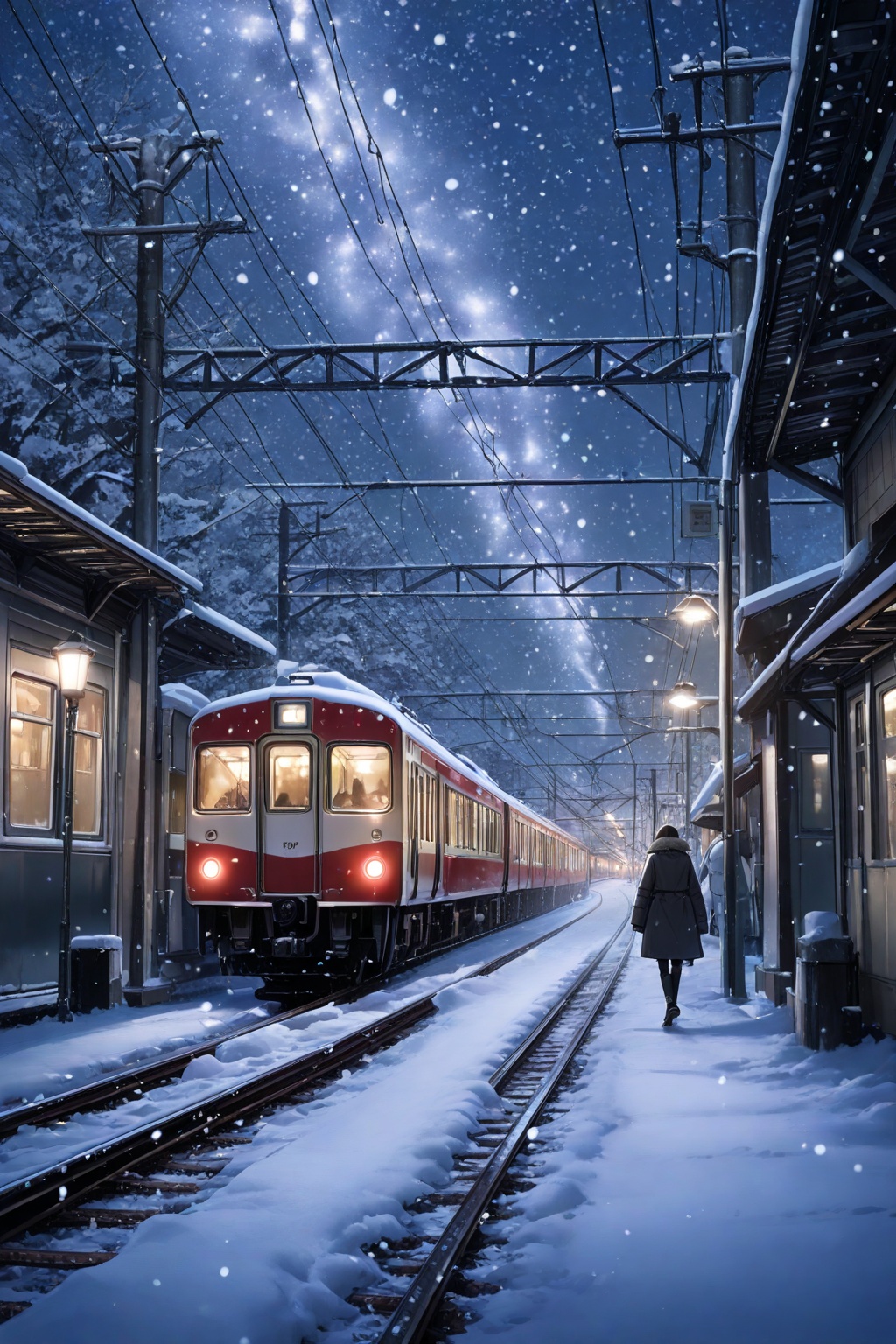 masterpiece,best quality,amazing quality,very aesthetic,absurdres,newest,1girl,solo,standing,outdoors,sky,from_behind,coat,night,ground_vehicle,building,night_sky,scenery,snow,1other,walking,snowing,road,dark,winter,power_lines,lamppost,street,train,train_station,railroad_tracks,vanishing_point,