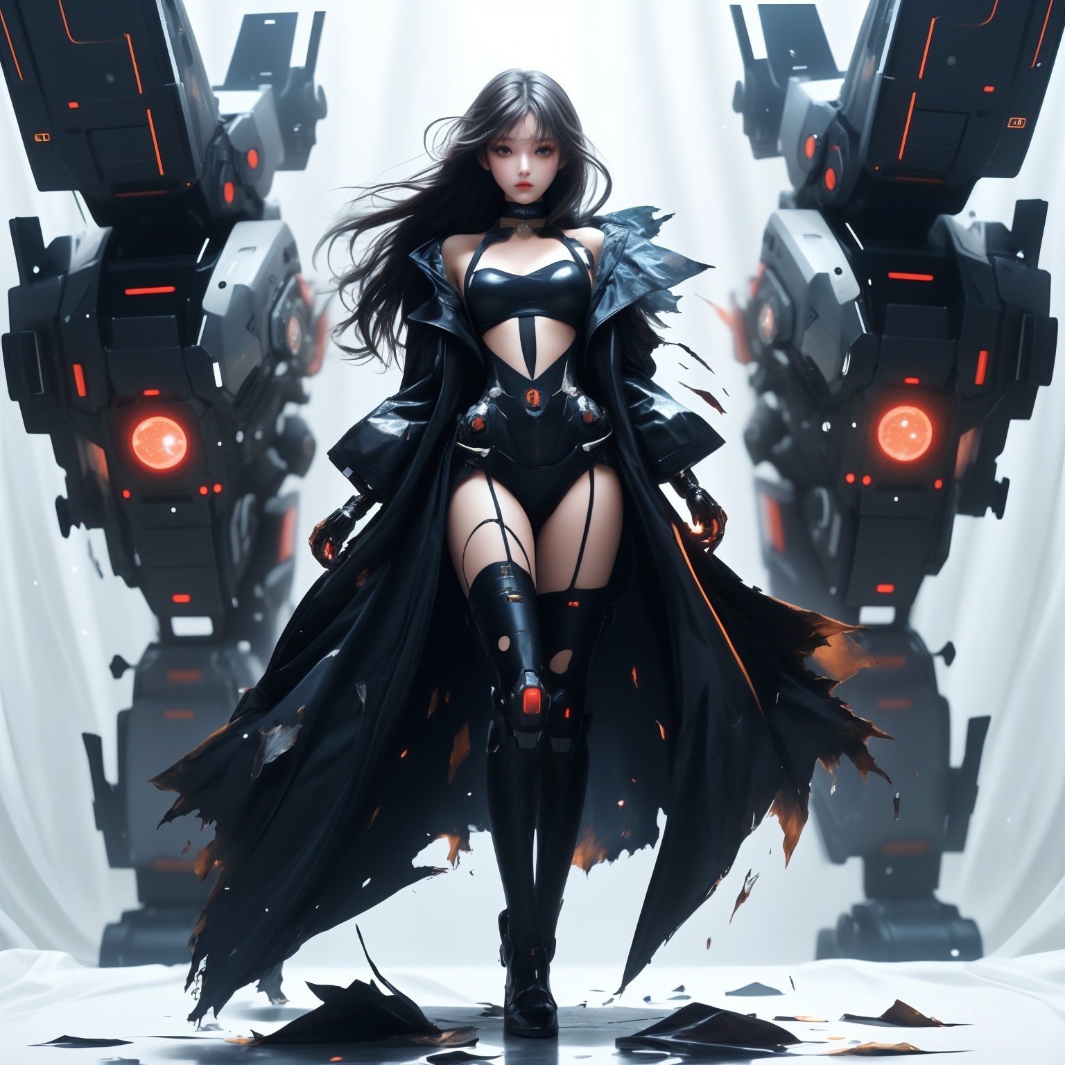 1girl,full_body,glowing,machinery,mecha,robot,sciencefiction,white background,rich colors,high contrast,sexy full shot body photo of the most beautiful artwork in the world,illustration,cinematic light,fantasy,highres,highest quallity,ultra detailed,best quality,masterpiece,(detailed face),(slutty) woman wears a shirt and (torn) fullbody (transparent galaxy) cloths coat,floating cloth,see throug,choker,fantasy forest with glowing neon details,