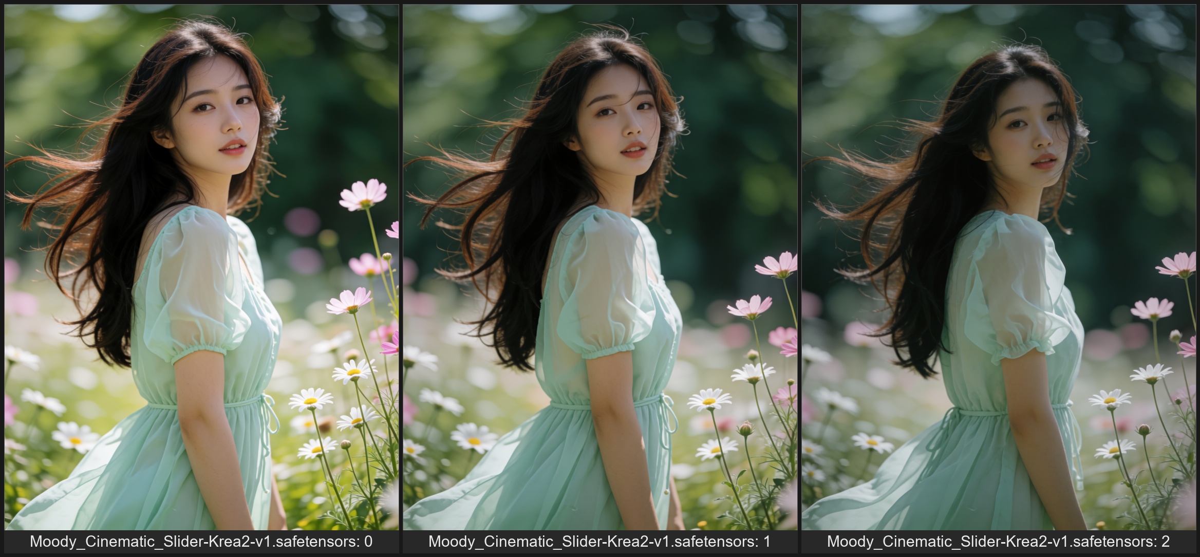 A stunning,  photorealistic outdoor portrait of a beautiful young Asian woman with long,  flowing dark brown hair caught i...