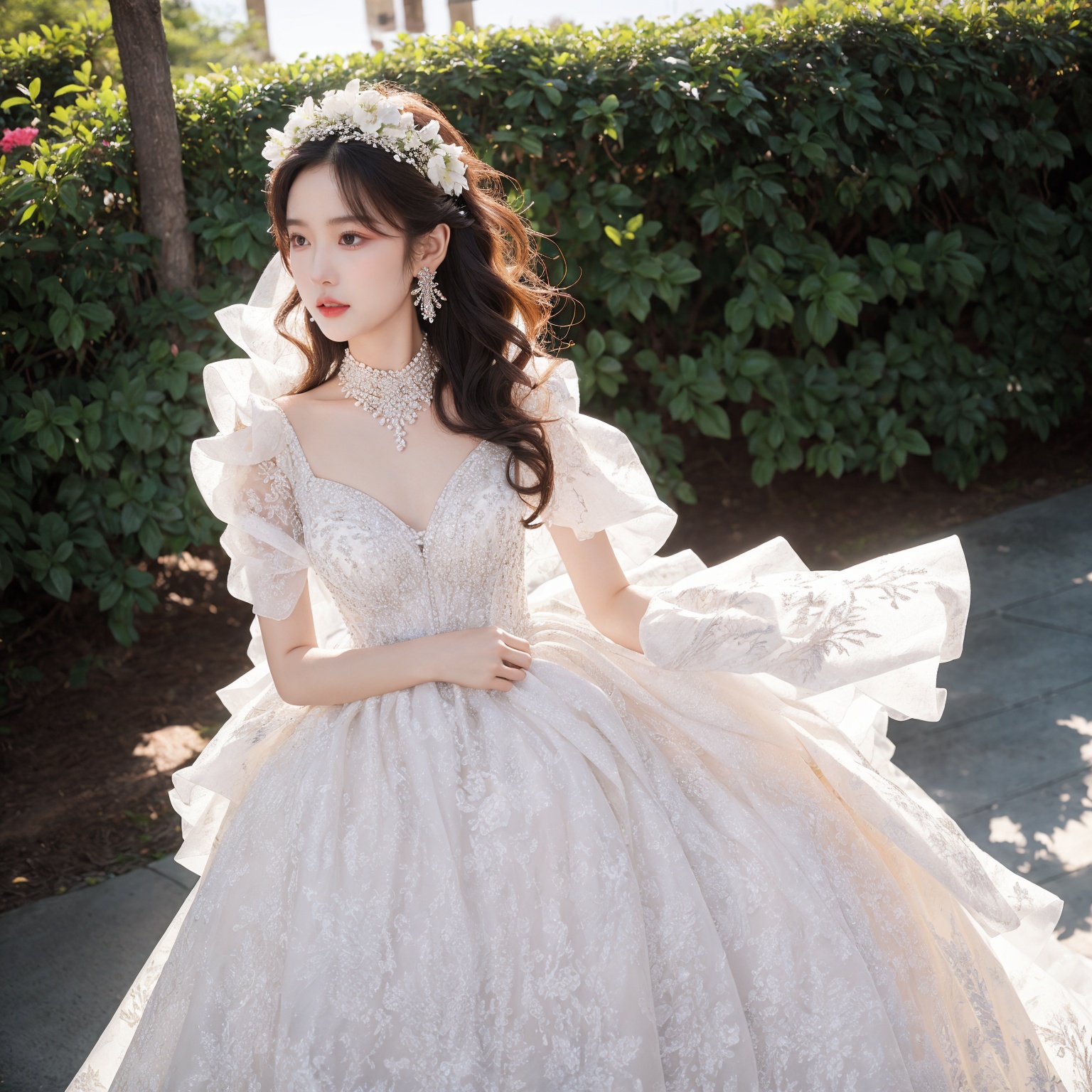 Best Quality,Masterpiece:1.4),(Realism:1.2),(Realisitc:1.2),4K,(photorealistic:1.3),1girl, white wedding dress,long dress,outdoors, flower,  jewelry,print,(Long Wavy Hair),hunsha,veil,Earrings,Jewelry,Tindal Light,  <lora:YG梦中婚纱5:0.7>,