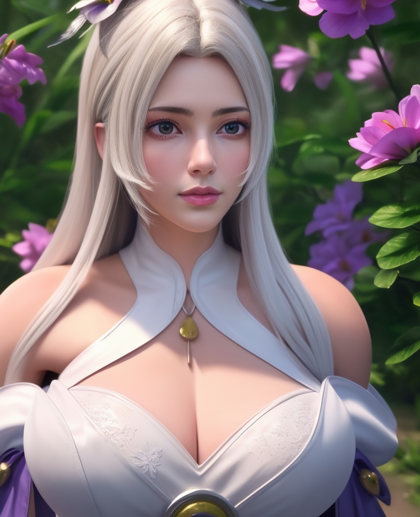 <lora:584-DA-星辰变-白灵:0.8>(,1girl, ,best quality, ),looking at viewer,  ,ultra detailed 8k cg,ultra detailed background,ultra realistic 8k cg,1girl, solo,(bare shoulders:0.85),(masterpiece, best quality),((oil painting style)),sexy young lady,(beautiful face and eyes),(upper body:1.5),(whole body:1.05),(single person:1.2),surrounded by flowers, (lily), roses, floret, vegetation, white, purple, purplish pink,Impressionism,colorful,(Breast size:1.3),(cleavage),