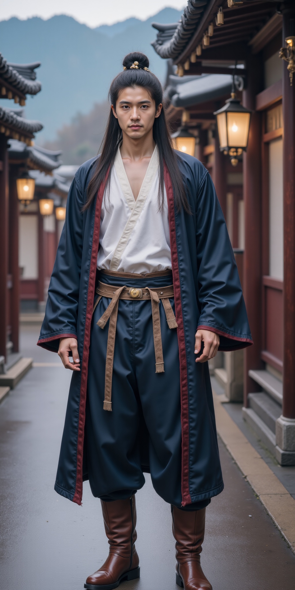 HDR photo of cinematic film still <lora:20250110_AgainCharacters_Flux:1>, 1boy, solo, male focus, realistic, looking at viewer, long hair, black hair, hair ornament, hair bun, (full body:1.5), closed mouth, chinese clothes, pants, (brown leather long boots:1.5), outdoors, . shallow depth of field, vignette, highly detailed, high budget, bokeh, cinemascope, moody, epic, gorgeous, film grain, grainy . High dynamic range, vivid, rich details, clear shadows and highlights, realistic, intense, enhanced contrast, highly detailed