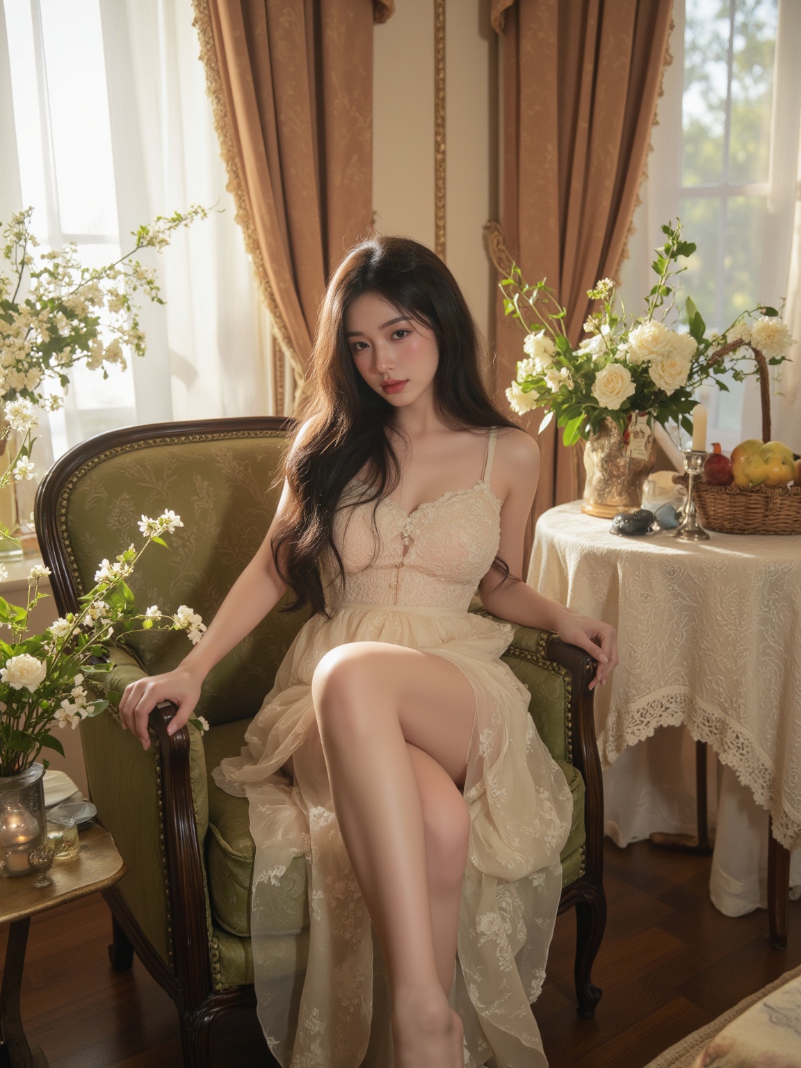 <lora:al.24:0.8>,In this ethereal light,a fair-skinned brown woman with long,soft hair sits relaxed in a green upholstered armchair,wearing a translucent white dress that reveals her slender legs,surrounded by white and green flowers that enhance the delicate,vintage atmosphere of the room,sunlight filtering through the heavy curtains,In the background is a classic room with vintage French decor,with a small,ornate table with a candlestick and a fruit basket. The whole scene exudes a romantic,timeless vibe with a touch of luxurious softness,