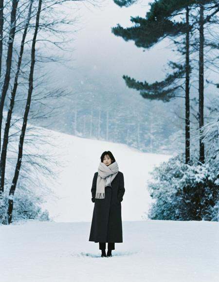 a woman standing in the snow with a scarf,  song hye - kyo,  frequency indie album cover on Tensor.Art