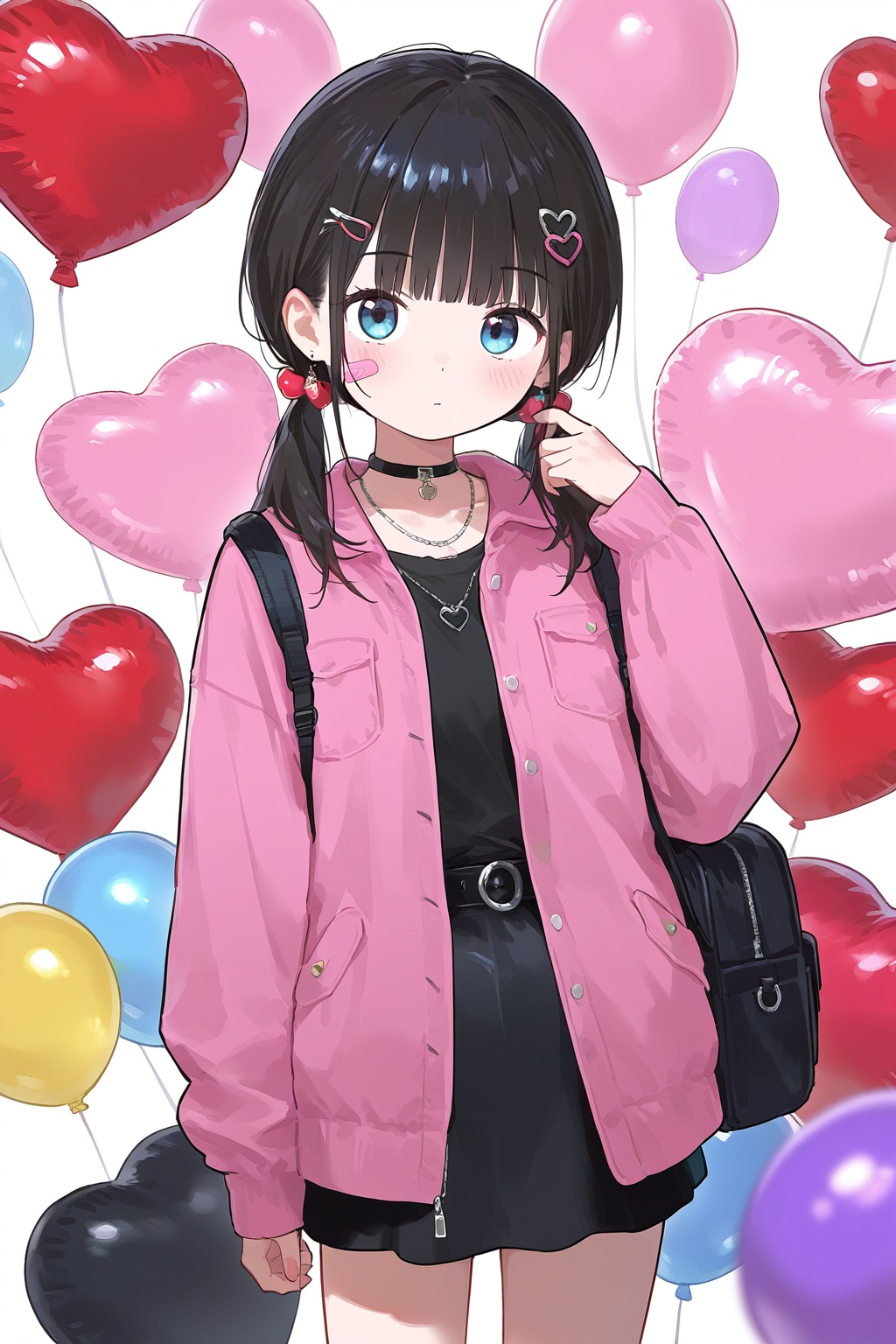 1girl, solo, shot hair, looking at viewer, blush, bangs, skirt, shirt, black hair, hair ornament, long sleeves, white background, twintails, jewelry, closed mouth, standing, jacket, heart, cowboy shot, earrings, open clothes, choker, hairclip, black skirt, necklace, bag, open jacket, black shirt, backpack, bandaid, zipper, heart hair ornament, bandaid on face, pink jacket, balloon, heart balloon