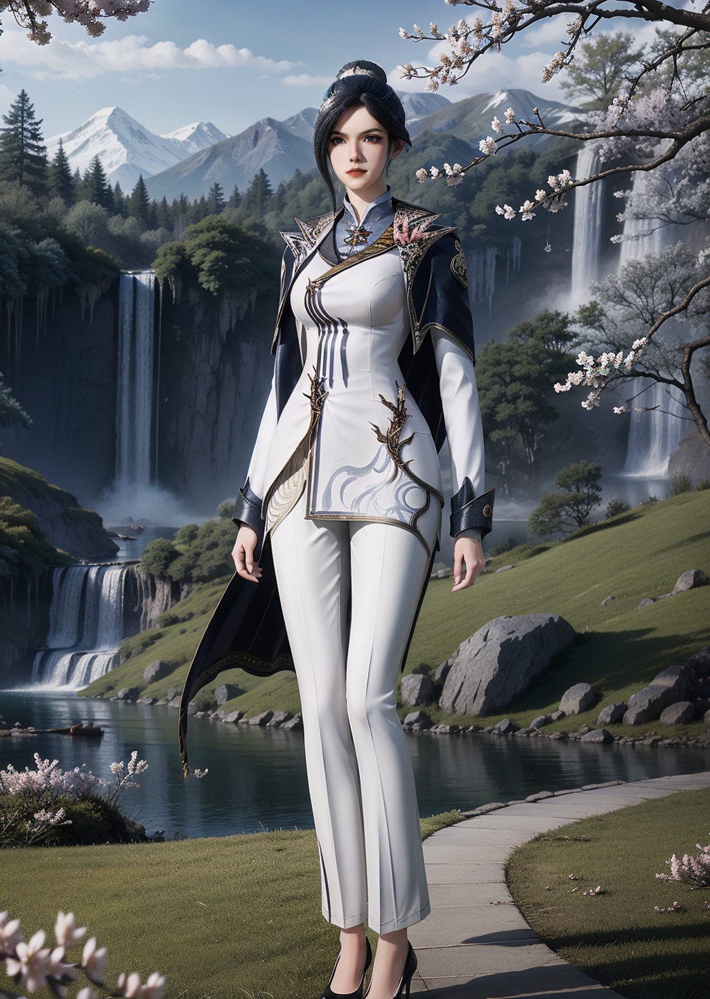 <lora:zhouyi-000010:0.85>,zhouyi,full body,(looking at viewer),(arms behind back),1girl,solo,blue_eyes,light_smile,single hair bun,hair ornament,hairpins,high collar,(feathers),chinese clothes,white pants,black high heels,blue cape,soft focus,nature,bush,mountains,grass,(blooming sakura trees:1.3),(waterfall:1.1),river,fog,sun rays through branches,depth of field,(best quality:1.5,masterpiece:1.5),