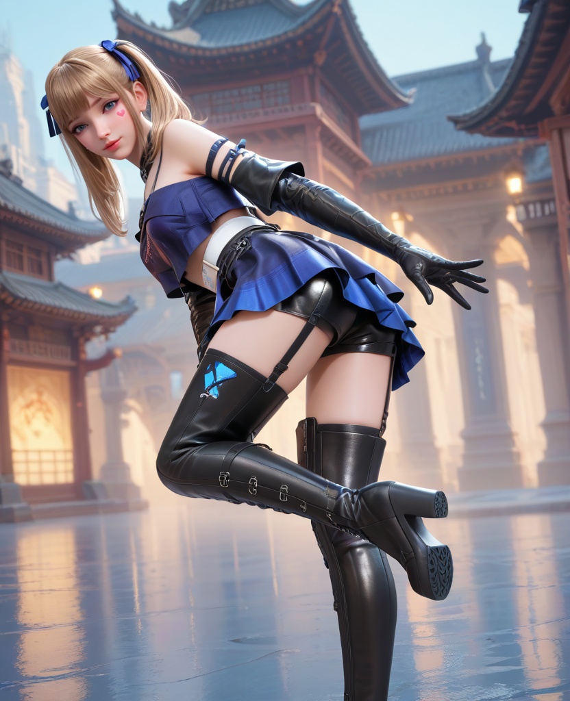 (oriental architecture, elegant decor, sophisticated style:1.1),(turned away but looking back over her shoulder:1.1),(breasts:1.2),<lora:XL16穿越火线晴雅保卫者:0.95>,miss qingya,black latex camisole,blue eyes,heart facial mark under left eye,blonde hair,twintails,hair ribbon,blue faux two-piece skirt,white belt,brown pantyhose,thigh strap,lips,black glove sleeves,black thigh boots,latex shorts,, score_9,score_8_up,score_7_up,score_6_up,score_5_up,score_4_up,3d rendering,tag1,tag2, Cinematic Lighting,backlighting,, zPDXL3, zPDXL2,zPDXL, zPDXLxxx, zPDXLrl,