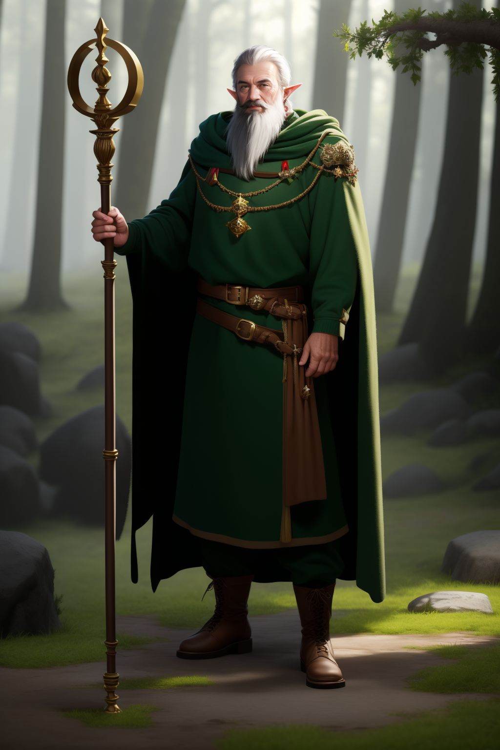 <lora:20250501_AgainGameCharacterLora:1>, 1boy, male focus, beard, pointy ears, staff, facial hair, solo, outdoors, holding, brown footwear, boots, standing, cape, wizard, nature, full body, green cape, grey hair, belt, elf, holding staff, forest, looking at viewer, grass, leaf, blurry, old, blue cape, long sleeves, green cloak, tree, rock, mustache, bird, old man, jewelry, blurry background, wrinkled skin, day, robe, realistic, animal on shoulder, brown belt, cloak, green capelet