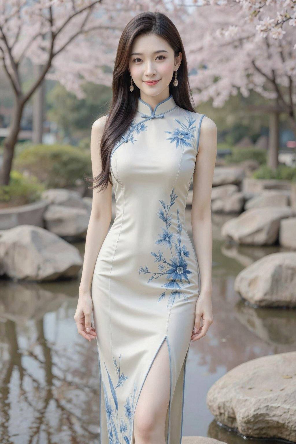 Photograph of a young Asian woman standing in a serene garden with a small pond and cherry blossom trees in the background. She has long, straight black hair, fair skin, and is wearing a form-fitting, beige silk cheongsam dress with blue floral embroidery and blue trim. The dress has a high collar and a thigh-high slit on the left side. She is accessorized with gold dangling earrings. Her expression is gentle, with a slight smile. The garden features large rocks and greenery, with soft pink cherry blossoms in bloom. The overall mood is tranquil and elegant., cheongsam, sleeveless cheongsam, sleeveless cheongsam dress, high collar cheongsam, qipao <lora:20251228_TinZ-ImageCheongsamLora10:1>