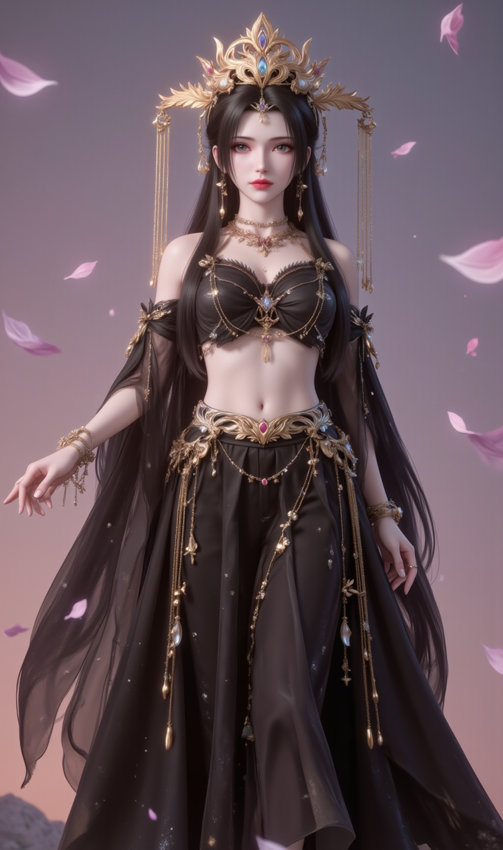 <lora:李慕婉·衣服百搭款6:1.1>,limuwan,black hair,long hair,grey eyes,jewelry,earrings,crown,phoenix_crown,cover,gradient background,close-up details,outstanding style,adding a touch of dimension to your images without compromising details,close-up,<lora:DJ滤镜_2.5D版:0.3>,lvjing,<lora:油画唯美滤镜15:0.2>,baoshi,<lora:蝴蝶汉服·人物百搭款6:1.1>,fuzhuang,1girl,solo,jewelry,bracelet,navel,skirt,midriff,necklace,long skirt,earrings,black skirt,standing,full body,armlet,