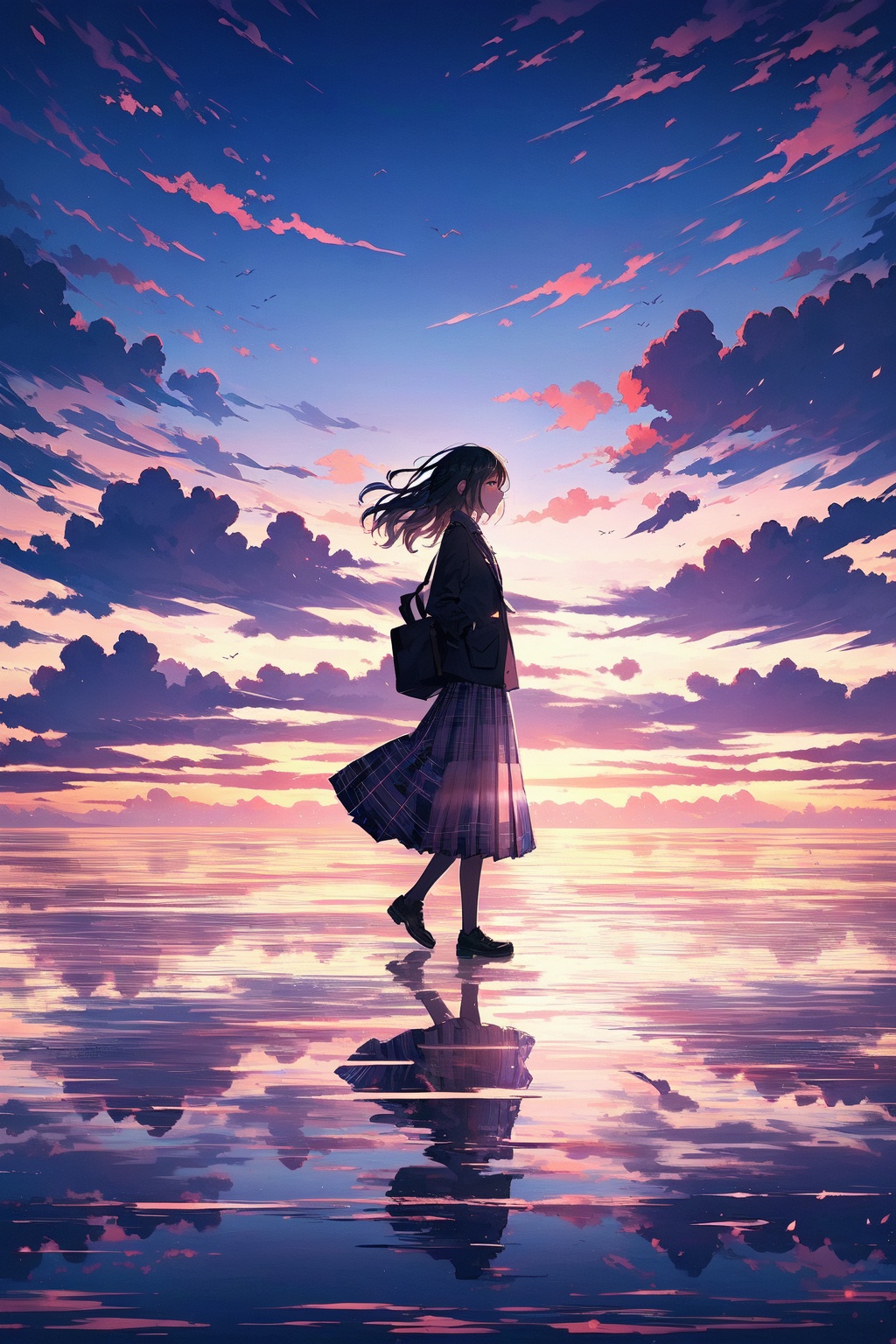 masterpiece,best quality,high quality,highres,1girl, cloud, sky, bird, solo, outdoors, long hair, scenery, reflection, skirt, horizon, sunset, black hair, cloudy sky, water, wide shot, plaid skirt, long skirt, standing, ocean, shoulder bag, long sleeves, school uniform, shoes