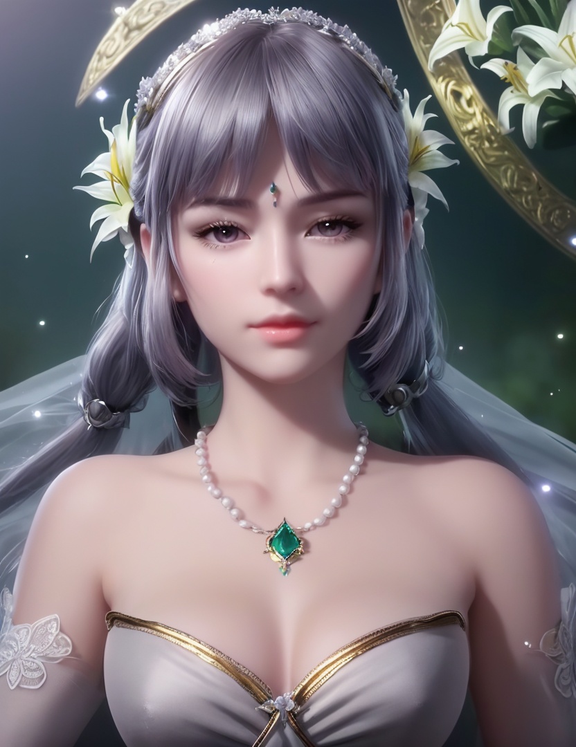 ultra realistic 8k cg, picture-perfect face, flawless, clean, masterpiece, professional artwork, famous artwork, cinematic lighting, cinematic bloom, perfect face, beautiful face, fantasy, dreamlike, unreal, science fiction,   lace, lace trim, lace-trimmed legwear,  (rich:1.4), prestige, luxury, jewelry, diamond, gold, pearl, gem, sapphire, ruby, emerald, intricate detail, delicate pattern, charming, alluring, seductive, erotic, enchanting, hair ornament, necklace, earrings, bracelet, armlet,halo((,1girl, pov,))  ((, 1girl, solo, star_\(symbol\),lily \(flower\),hair flower, dress, jewelry))<lora:DA_BaiChenXiang:0.6>