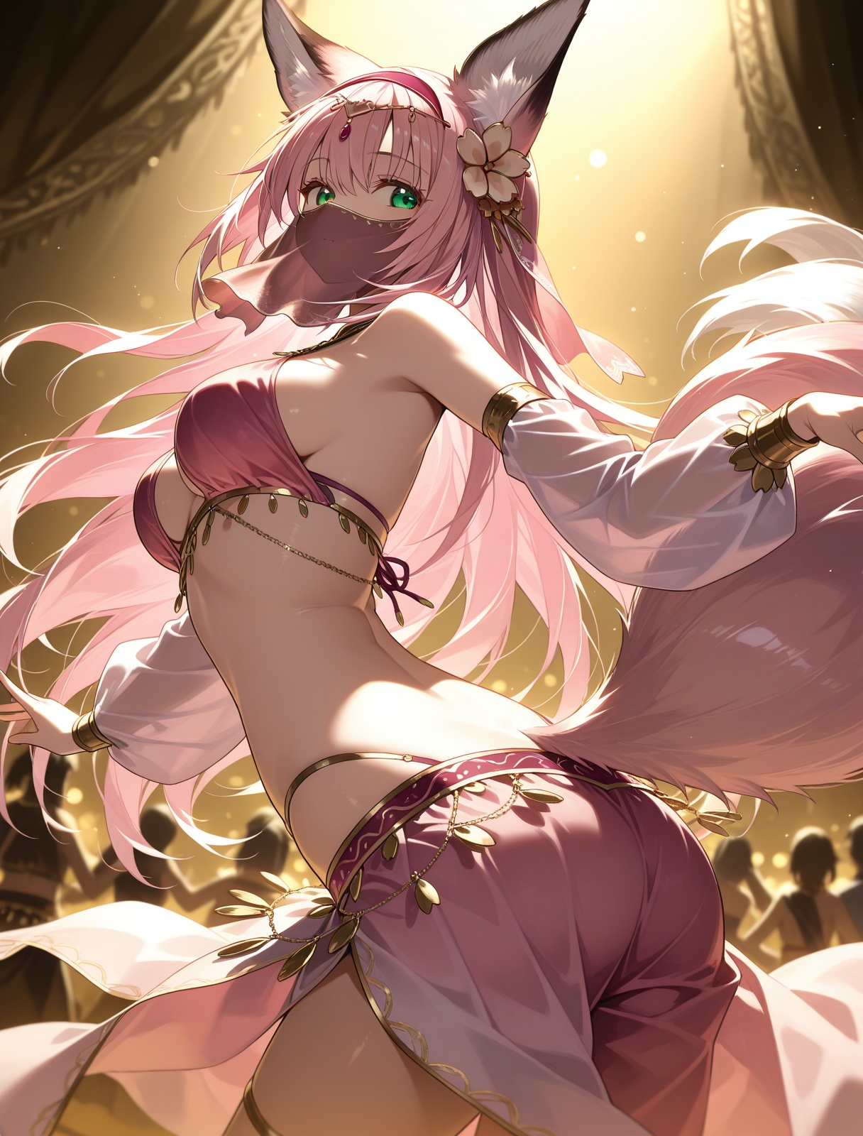 <lora:hanazuki_IL_v1.0:1>,hanazuki,fox ears,tail,harem outfit,mouth veil,dancing,sideways glance,twisted torso,, masterpiece,best quality,