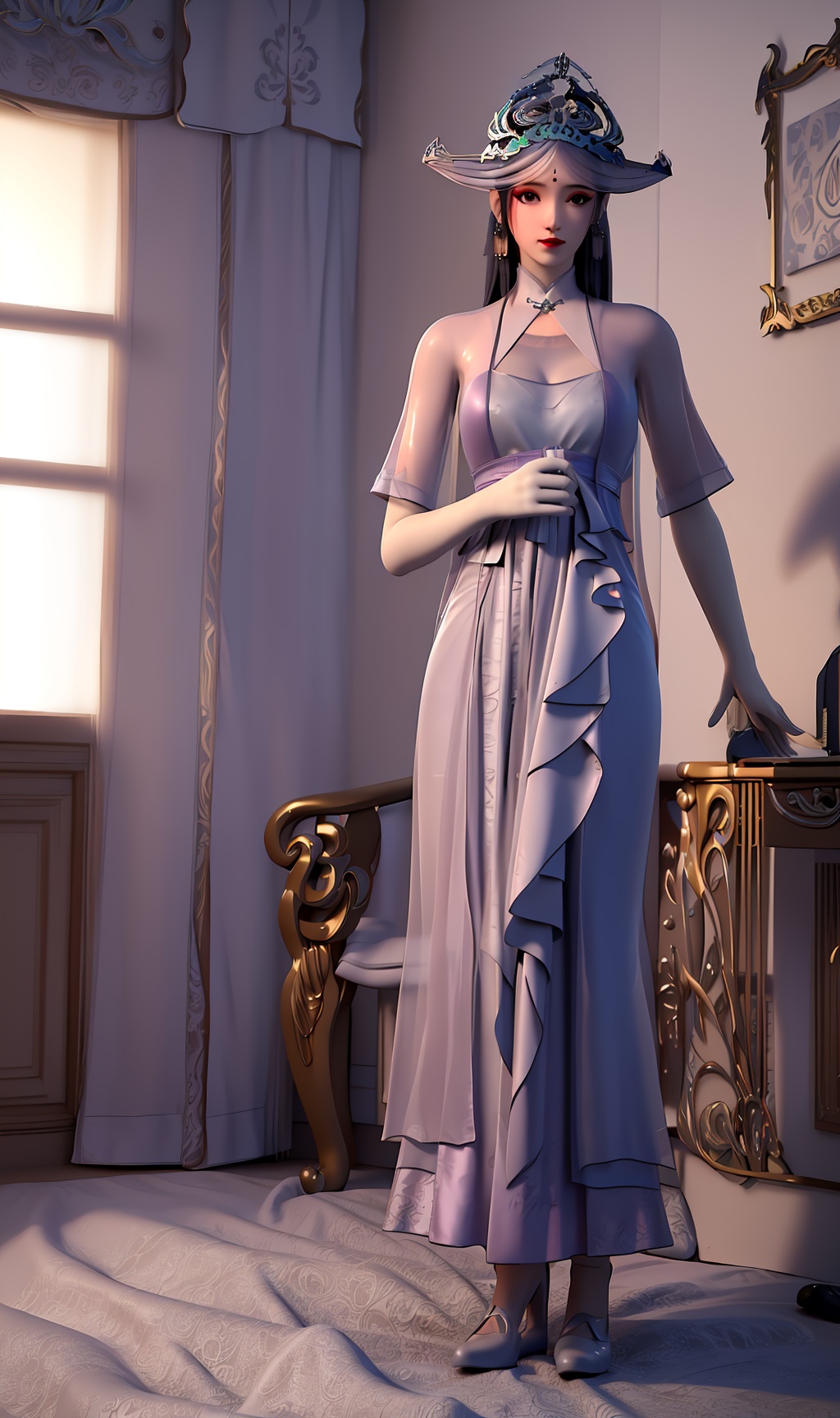 3D,masterpiece,(best quality),(makeup),official art, extremely detailed cg 8k wallpaper,((crystalstexture skin)), (extremely delicate and beautiful),(highly detailed),(face),(tiara),(collar),(1girl), (solo), (jewelry), (earrings),(black_hair),(long_hair),(hair_ornament),(handwear),(breast),(gloves),((standing)),((full_body,whole_body)),(long_dress),(long_skirt),(chinese_clothes),(multicolored_clothes),(multicolored_dress),(closed_mouth),,((looking_at_viewer)),((Facing the camera)),(shoes),(cloth_shoes),(flat_shoes),(room,bed), <lora:hipoly3DModelLora_v10:0.3>