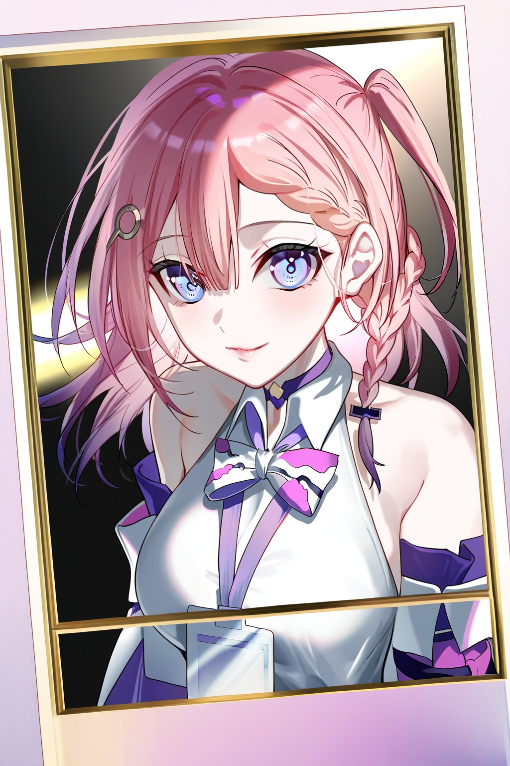 girl,arms_behind_back,bust,portrait,1girl,solo,photo,realistic,Portrait,cover photography,subtle expression,vivid gaze.Fluffy hair,cute expression,beautiful,solo,upper body,asta \(honkai: star rail\),honkai: star rail,1girl,blue eyes,hair between eyes,pink hair,medium hair,long hair,braid,hair ornament,hairclip,medium breasts,white shirt,sleeveless shirt,bare shoulders,detached sleeves,one side up,id card,<lora:meiheyeragu>,