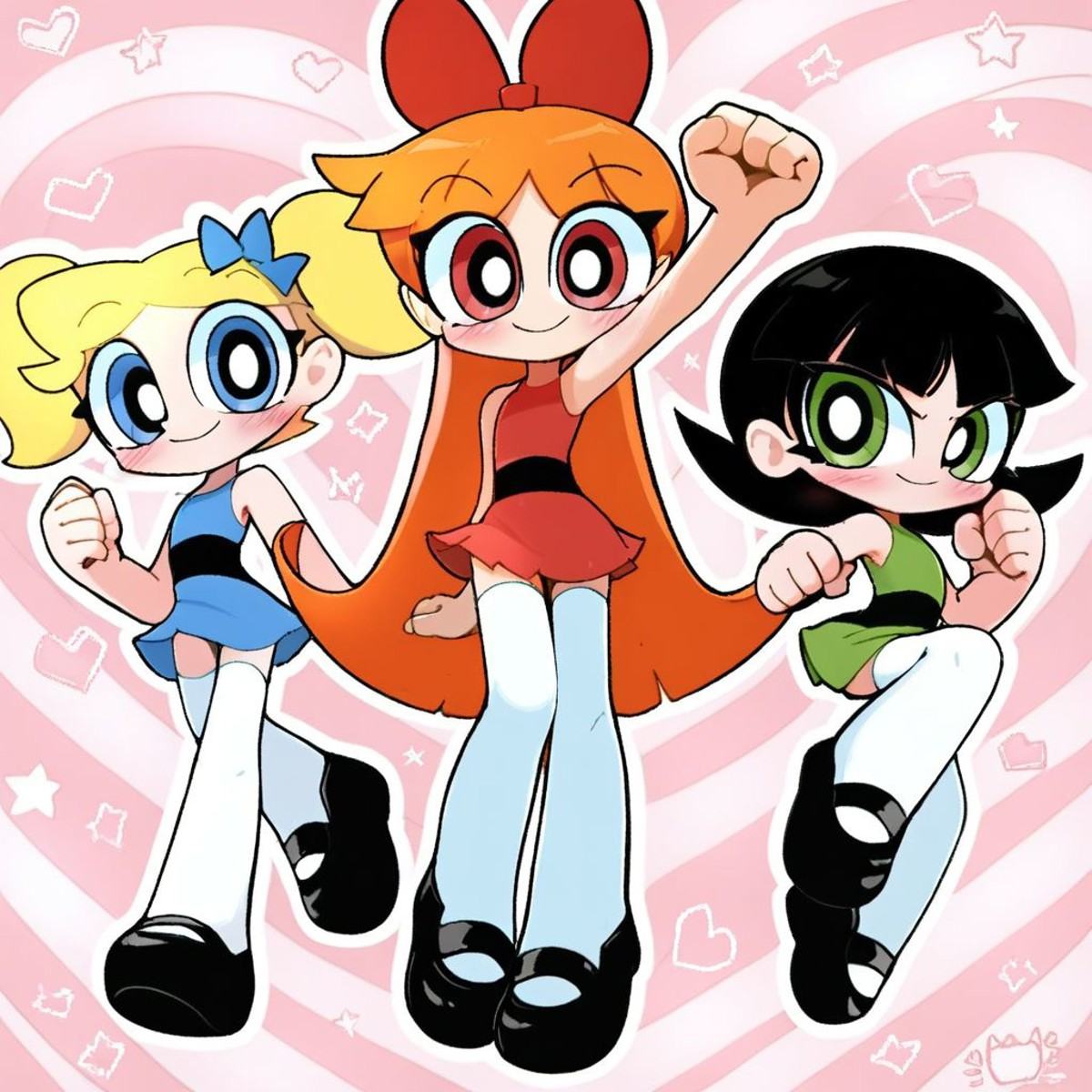 powerpuff, multiple girls, 3girls, blonde hair, short twintails, twintails, blue eyes, blue dress, orange hair, red bow, hair bow, very long hair, long hair, red eyes, red dress, black hair, short hair, blunt bangs, green eyes, green dress, smile, looking at viewer, heart, sleeveless dress,thighhighs, white thighhighs,black footwear, arm up, star \(symbol\), mary janes, closed mouth,  clenched hands, blush
