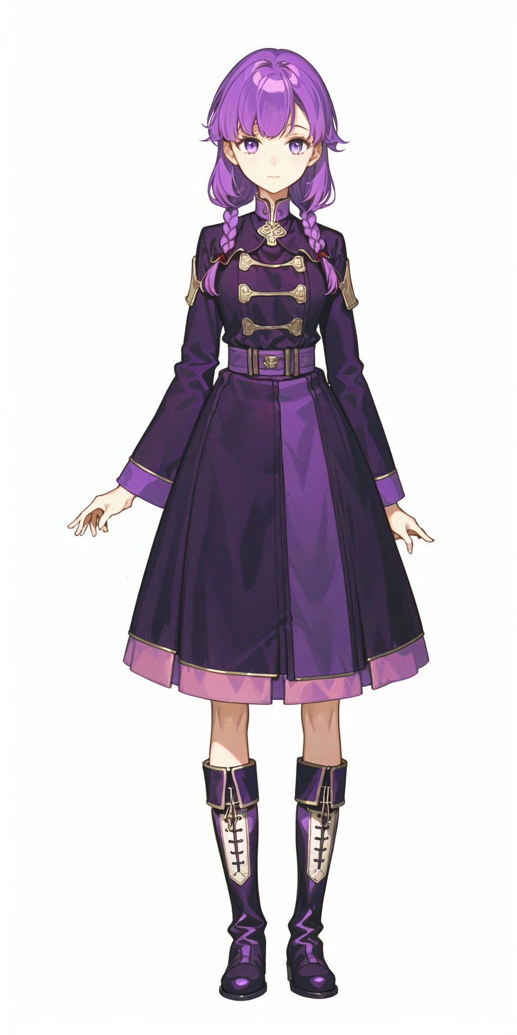 1girl, ,white background, skirt,looking at viewer, boots,simple background,standing, mysterious pattern, purple hair, ranger, long braid,
