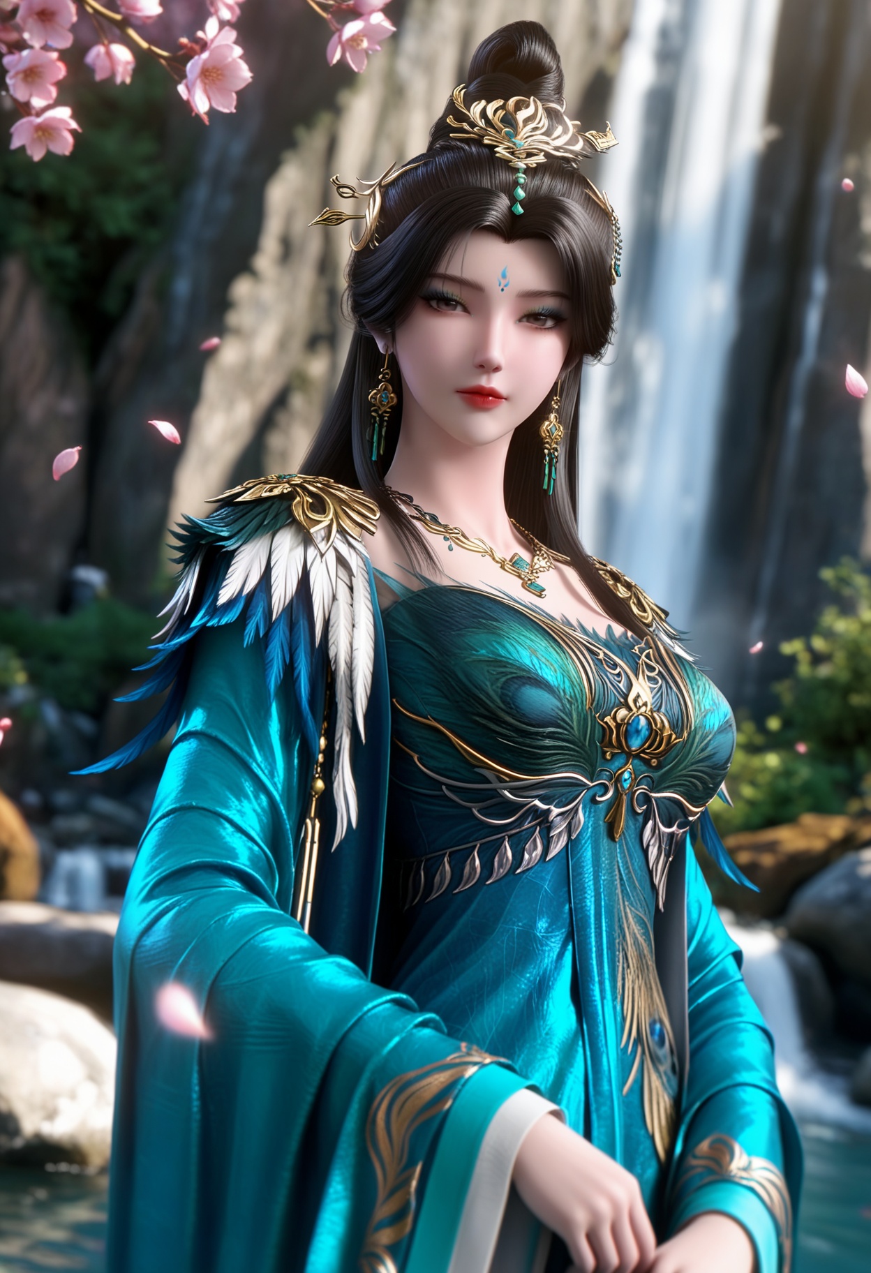 masterpiece,best quality,amazing quality,high resolution,ultra-detailed,absurdres,(looking at viewer:1.1),upper body,(moody lighting:1.1),waterfall,peach blossom,falling petals BREAK (large breasts:0.8),huanmei,1girl,solo,black hair,long hair,hair ornament,jewelry,earrings,forehead mark,dress,blue dress,hair bun,necklace,chinese clothes,makeup,eyeshadow,shoes BREAK photorealistic details,<lora:QQSillhuanmeiV1:0.8>,