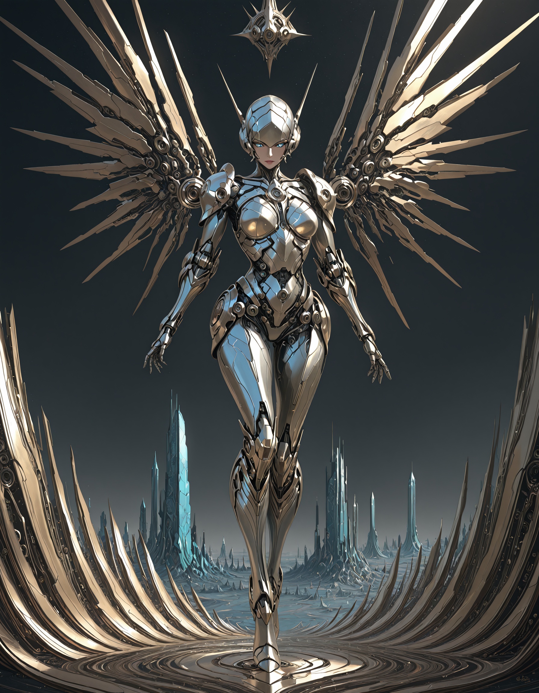 highly detailed picture of Beautiful anime mecha girl with ornate robotic body,  luxury knight armor and heavy gun,  sci-f...