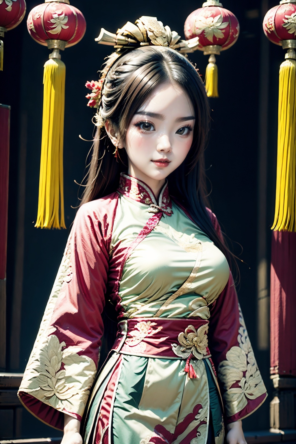 <lora:ChineseNewYear:0.8>, chinese new year, girl, (smirk:0.2), long hair, arms at sides, red chinese clothes,