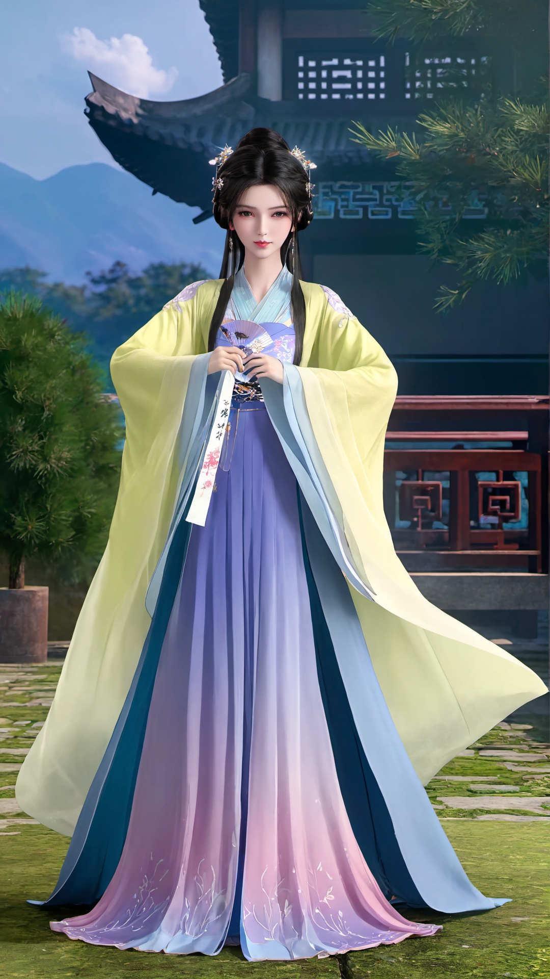 1girl,hand fan,solo,black hair,holding fan,hanfu,holding,chinese clothes,hair ornament,full body,standing,wide sleeves,outdoors,long sleeves,dress,looking at viewer,<lora:仙逆-王林-马良-李慕婉合一:0.73>,