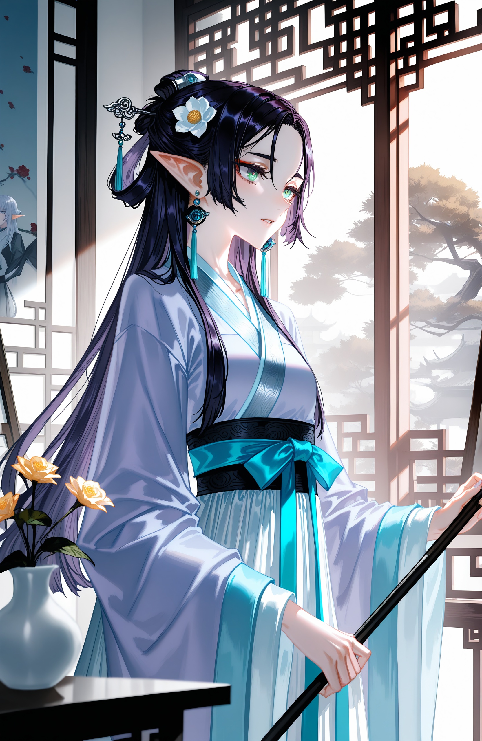 long hair,bangs,multiple girls,hair ornament,long sleeves,holding,2girls,jewelry,green eyes,purple eyes,purple hair,flower,white hair,earrings,parted lips,pointy ears,indoors,hair flower,wide sleeves,chinese clothes,plant,white flower,elf,tassel,hair rings,robe,hair stick,vase,hanfu,(artist:quasarcake:0.8),extreme aesthetic,(wlop:0.6),honjou honjou raita,lack,rella,wanke,raita,masterpiece,best quality,good quality,newest,year 2024,year 2023,very aesthetic,absurdres,Visual impact,A shot with tension,ultra-high resolution,32K UHD,sharp focus,best-quality,masterpiece,Emotionalization,unconventional supreme masterpiece,masterful details,temperate atmosphere,with a high-end texture,in  the style of fashion photography,(Visual impact:1.2),giving the poster a dynamic and visually striking appearance,impactful picture,offcial art,colorful,movie perspective,masterpiece,best quality,amazing quality,very aesthetic,absurdres,best quality,newest,dynamic_angle,cinematic_angle,dutch angle,foreshortening,from_side,face_focus,eyes_focus,close-up,