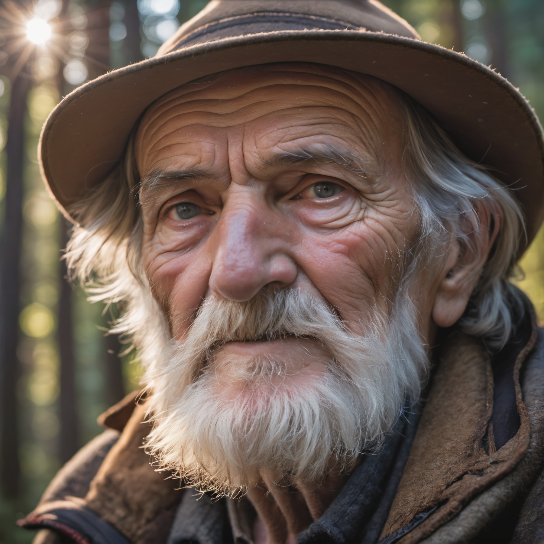 Closeup Photo Portrait an old wanderer in a mountain forest,  detailed light,  high quality photography on Tensor.Art