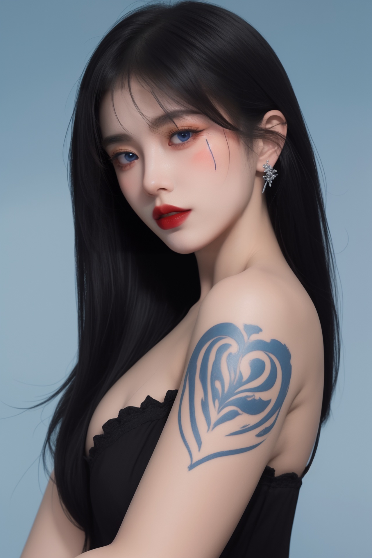 1girl, arm tattoo, bangs, bare shoulders, blue background, blue eyes, blue hair, body writing, breasts, facepaint, facial mark, facial tattoo, gradient, gradient background, hair ornament, heart tattoo, lips, lipstick, long hair, makeup, medium breasts, number tattoo, parted lips, red lips, shoulder tattoo, sleeveless, solo, tattoo, upper body <lora:绘画美女1.0:0.8>