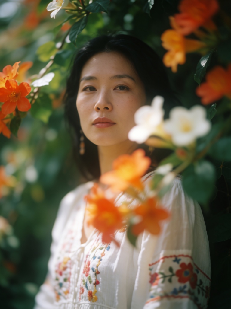 A East Asian woman stands amidst lush,  green foliage,  framed by vibrant orange and white flowers. Her dark hair contrast...