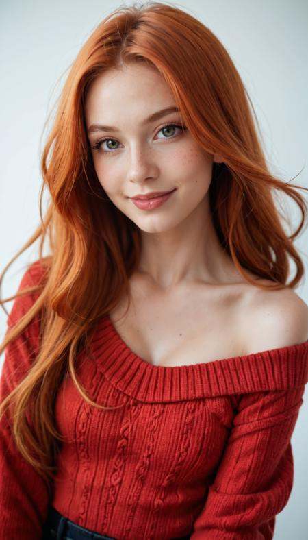 score_9_up, score_8_up, score_7_up, Raw Photo, Portrait, girl, ginger, cute, seductive, innocent, light smile:0.3, plump lips, slender body, red sweater falling off her shoulder, cleavage, extremely sexy, long ginger hair, floating hair, small breasts, big hips, looking at the viewer, simple background, white background, depth of field, dynamic angle, photo realistic:1.4, realistic skin:1.4, fashion photography, sharp, analog film grain, hyperdetailed:1.15