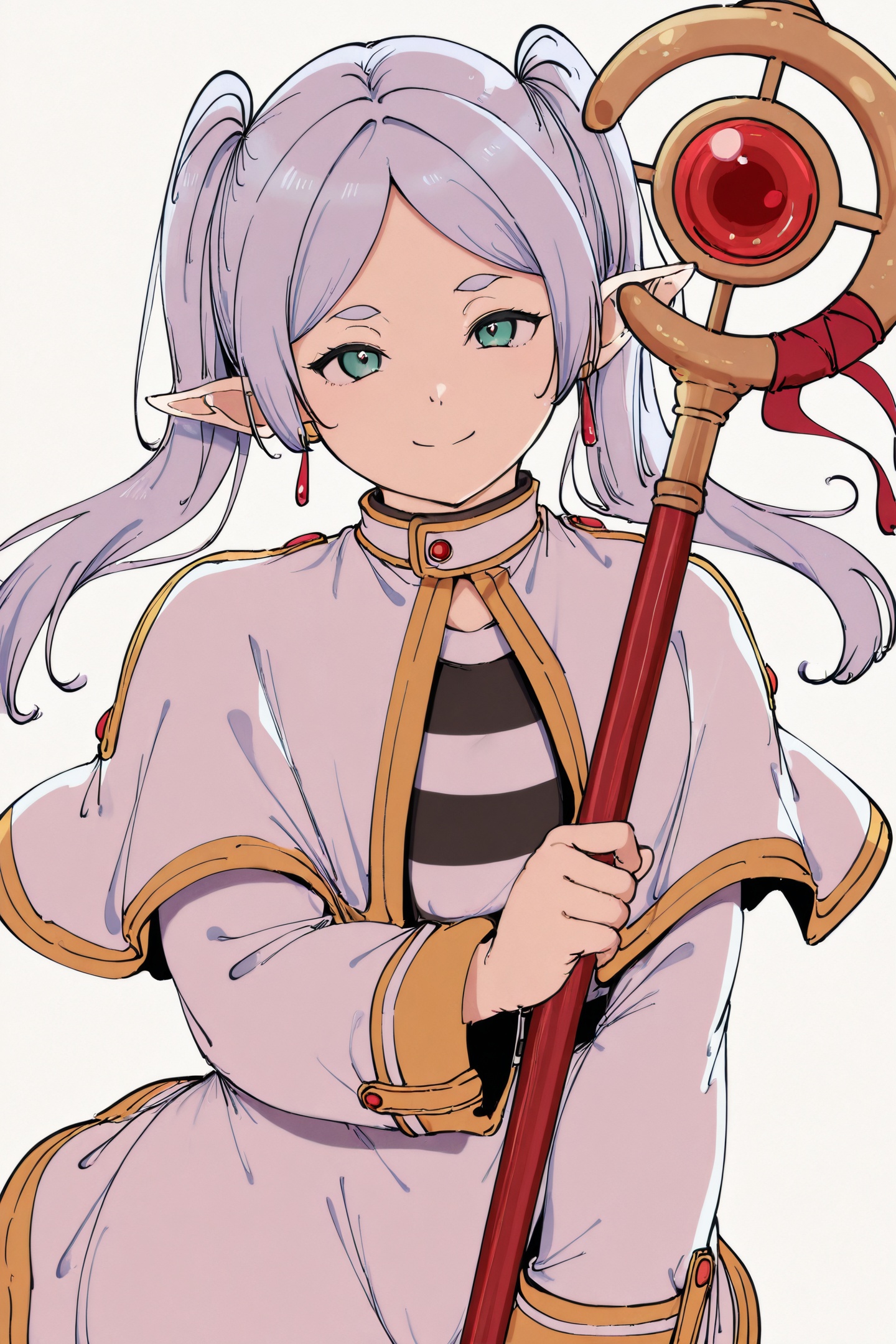 alp Style,1girl,frieren,solo,pointy ears,elf,twintails,jewelry,earrings,capelet,white background,long hair,looking at viewer,staff,simple background,smile,parted bangs,long sleeves,holding staff,holding,closed mouth,dangle earrings,skirt,shirt,<lora:alp_illustriousXL:1.2>,