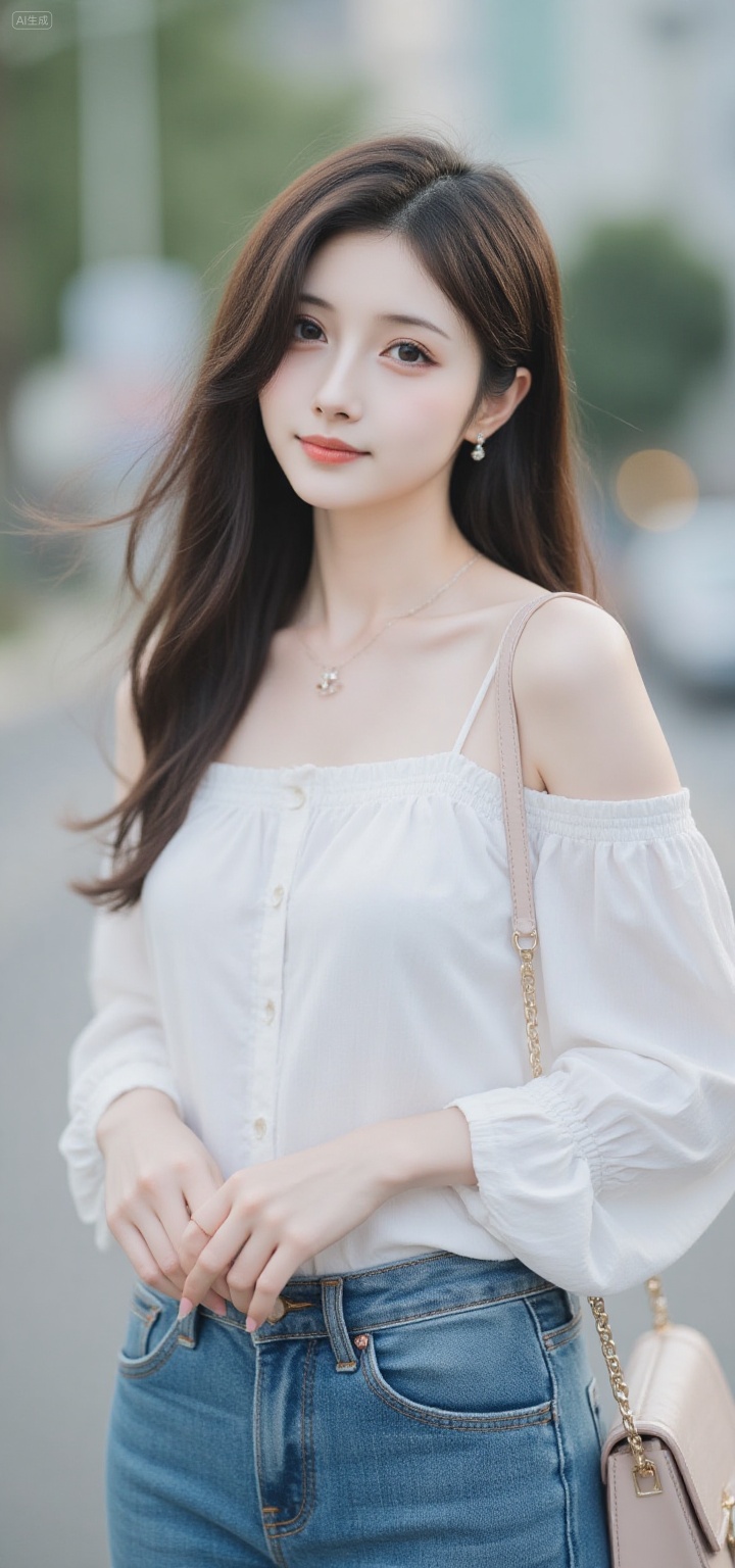1girl,solo,long hair,handbag,bag,jewelry,denim,brown hair,looking at viewer,blurry background,blurry,necklace,own hands together,earrings,outdoors,jeans,breasts,lips,shoulder bag,off shoulder,cowboy shot,black hair,, Negative prompt: ng_deepnegative_v1_75t,(badhandv4:1.2),EasyNegative,(worst quality:2),,nsfw, Steps: 20, Sampler: Euler, CFG scale: 3.5, Seed: 2988017000, Size: 720x1536, Model hash: 49fe535dad, Model: 星梦·电影&电视剧_Film_fp8.safetensors, Denoising strength: 0, RNG: CPU, Lora 1: F.1极致摄影-温柔之夜, Lora Hash 1: 8f769d7d13, Lora Weight 1: 0.8, vae_name: automatic