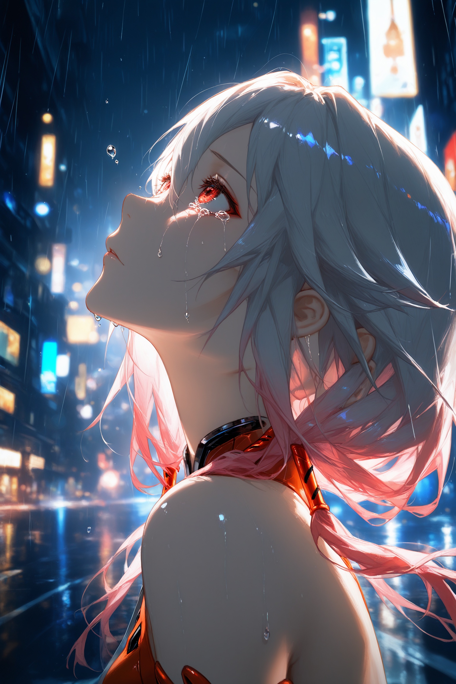 masterpiece,best quality,amazing quality,very aesthetic,absurdres,newest,highres,1girl,solo,yuzuriha inori,guilty crown,cyberpunk,street,night,darkness,metallic texture,from side,ray tracing,rain drops on the girl,criin,looking to the sky,looking upward,look up,lots of tears,tears fall i don't know whether it is rain or tears,backlight,