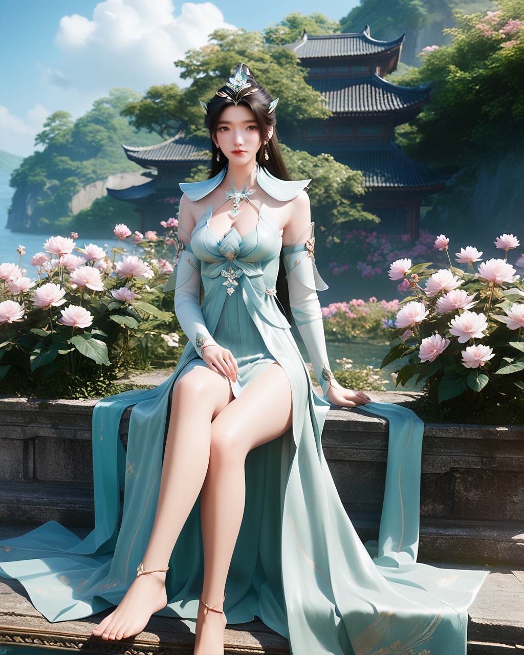 1girl,solo,long hair,breast,medium breast,earrings,hair_ornament,dress,black hair,bare_legs,(gaden:1.1),(flower:1.1),sitting,sky,day,thick_thighs,barefoot,<lora:wy_yanruyu_XL5.0:0.8>,brown eyes,, score_9,score_8_up,score_7_up,score_6_up,score_5_up,score_4_up,