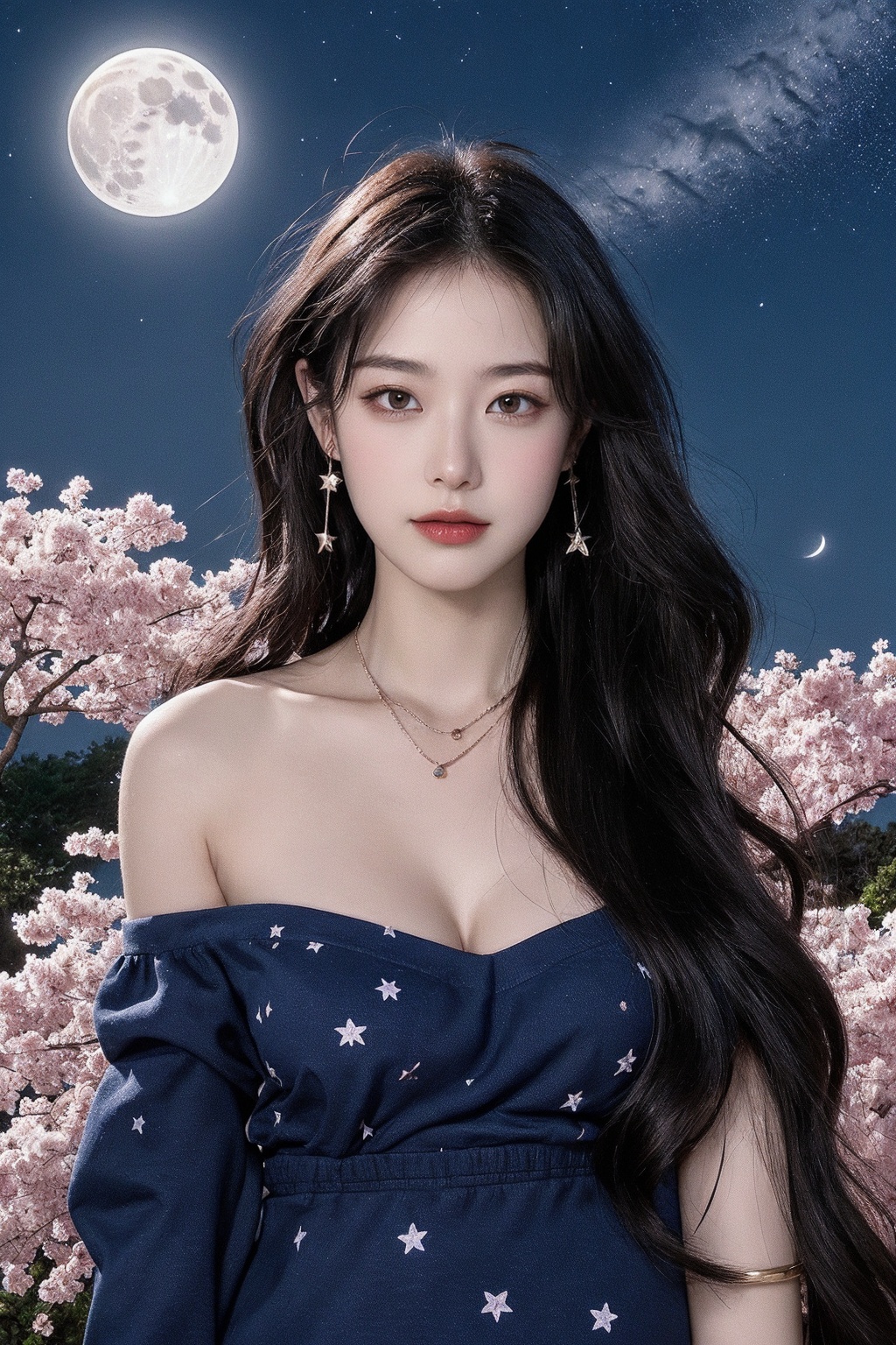 1girl, bangle, bead bracelet, bracelet, breasts, cherry blossoms, cleavage, cloud, constellation, crescent moon, earrings, earth \(planet\), falling petals, full moon, galaxy, jewelry, long hair, looking at viewer, moon, moonlight, necklace, night, night sky, outdoors, petals, planet, red moon, rose petals, shooting star, sky, solo, space, standing, star \(sky\), starry sky, starry sky print, sun, very long hair <lora:清新美女:0.8>