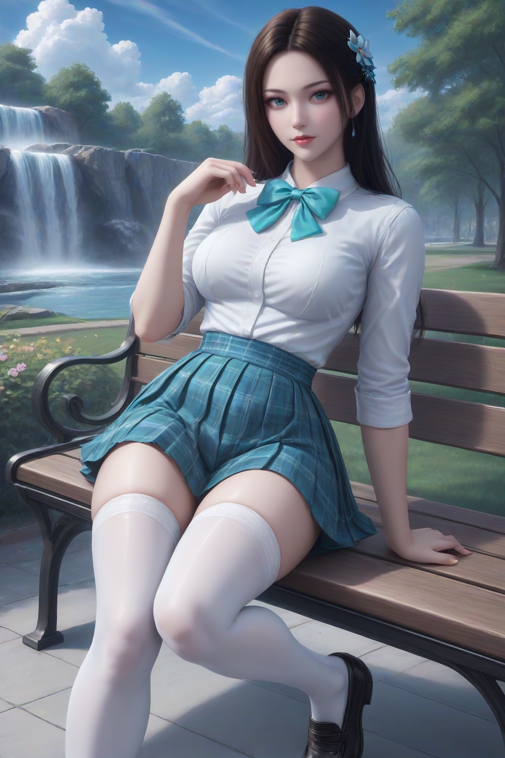 <lora:nalanyanran_v1-000024:0.5>,nalanyanran,1girl,solo,medium breasts,flower,hair ornament,closed mouth,lips,lipstick,(white shirt,turquoise bow,bowtie,turquoise skirt,plaid skirt,red pleated skirt,),shiny legwear,black_loafers,looking at viewer,dynamic pose,leaning back,arm support,(outdoors,day,waterfall,sky,cloud,park,park bench,lamppost,),masterpiece,highres,absurdres,best quality,8K,high-res detailed,looking at viewer,dynamic pose,outdoors,wall,sky,blue sky,cloud,<lora:sh-glossy_r2:0.5>,thighhighs,black_thighhighs,