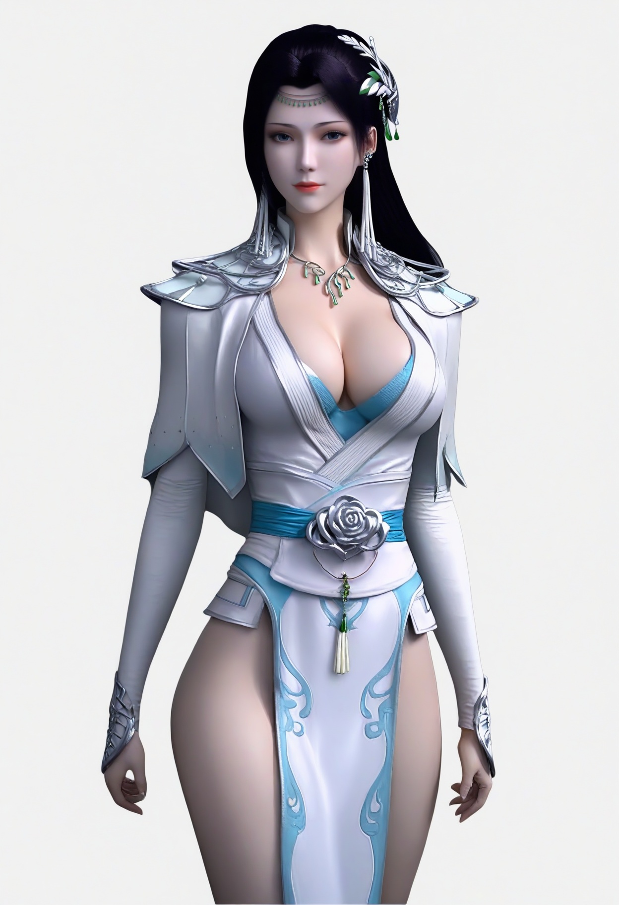fair_skin,white_skin,Ivory_skin,<lora:SF_YunYunAbout3Years3_Pony_Realism2.3-000003:0.7>,hair ornament,black hair,looking at viewer,1girl,standing,breasts,large breasts,dress,solo,simple background,white background,