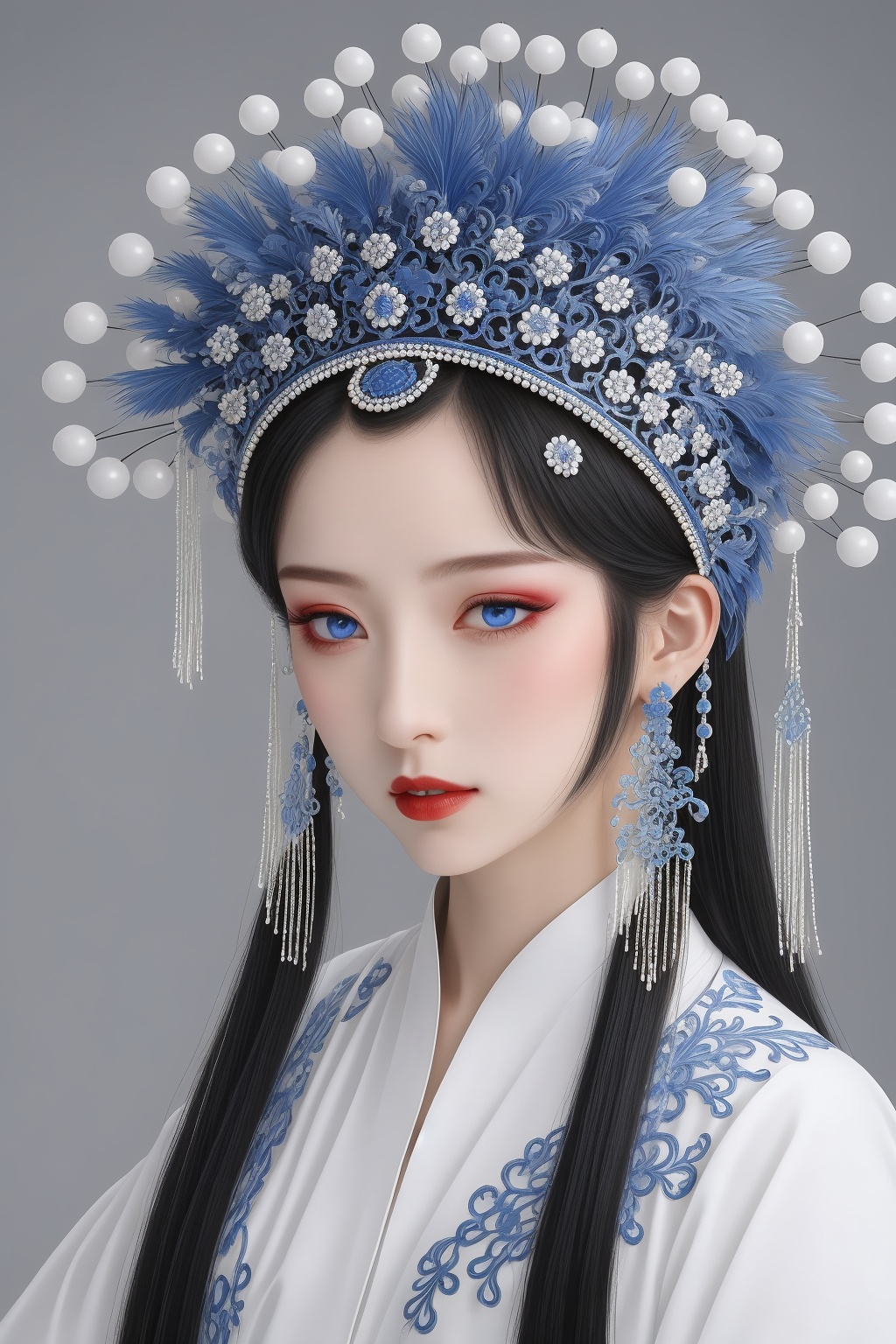 <lora:quyi2-000006:0.6>,quyi, 1girl, earrings, blue eyes, solo, beads, long hair, looking at viewer, chinese clothes, upper body, blue dress, dress, facial mark