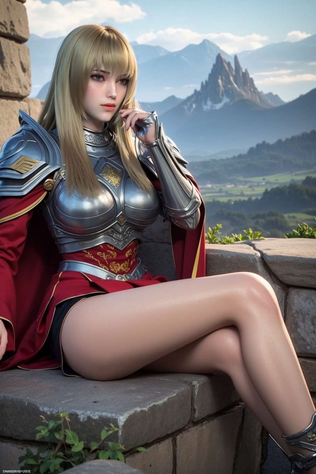 1girl,cloud,armor,sky,mountain,blonde_hair,cloudy_sky,solo,day,shoulder_armor,sitting,cape,crossed_legs,blue_sky,pauldrons,long_hair,outdoors,looking_at_viewer,