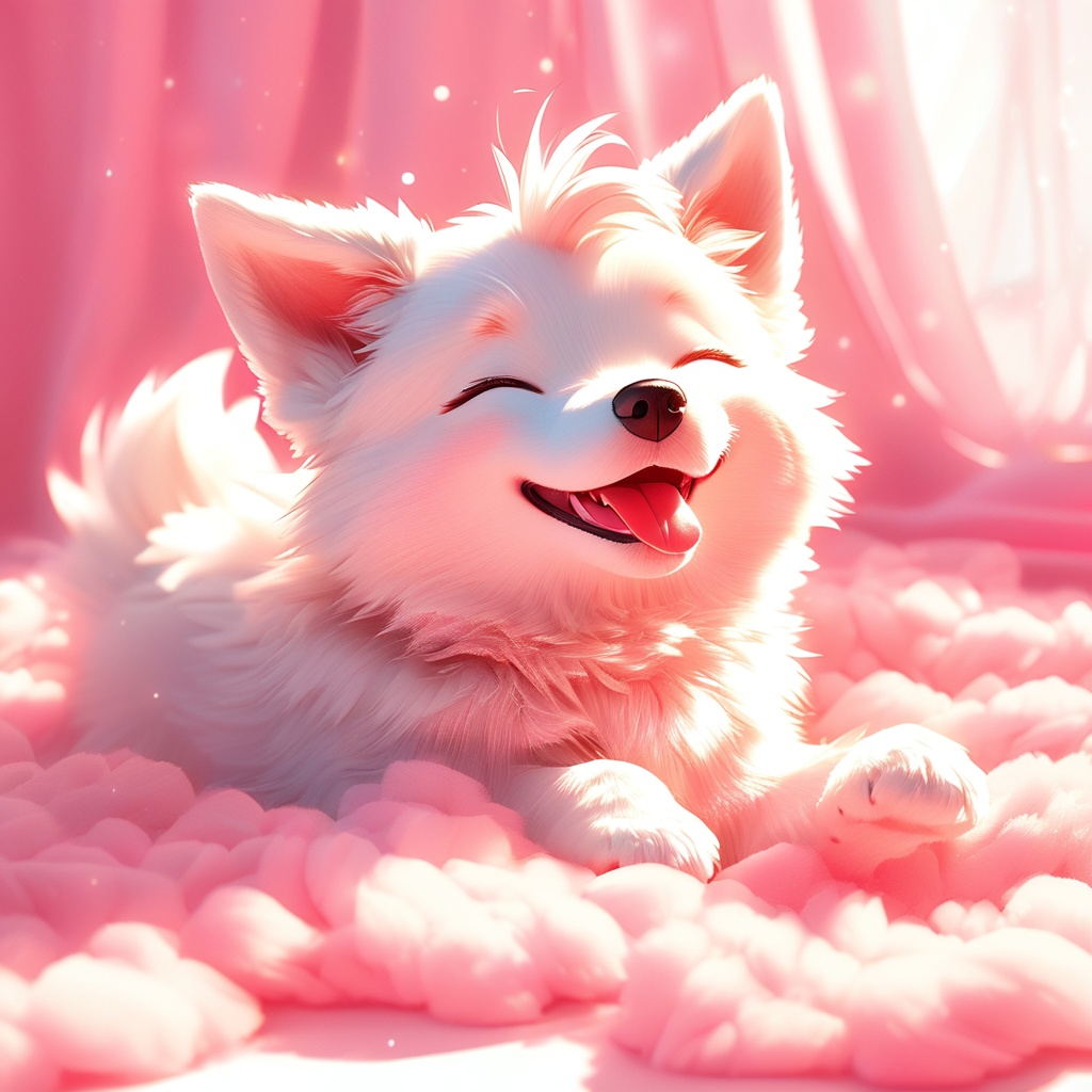 xugou, dog, fluffy, light particles, ^ ^, whiskers, cute, warm colors, whimsy and dramatic lighting, white fur, soft lighting, dog focus, no humans, closed eyes, open mouth, tongue out, fangs, tongue<lora:shengxiao_xl:0.8>,