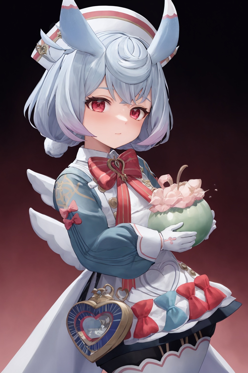 masterpiece, best quality <lora:sigewinne-v2:1>,(sigewinne (genshin impact):1),1girl,animal ears,hat,blue hair,multicolored hair,two side up,red eyes,bow,bowtie,blue dress,white apron,wings,long sleeves,white gloves,shorts,white pantyhose, 