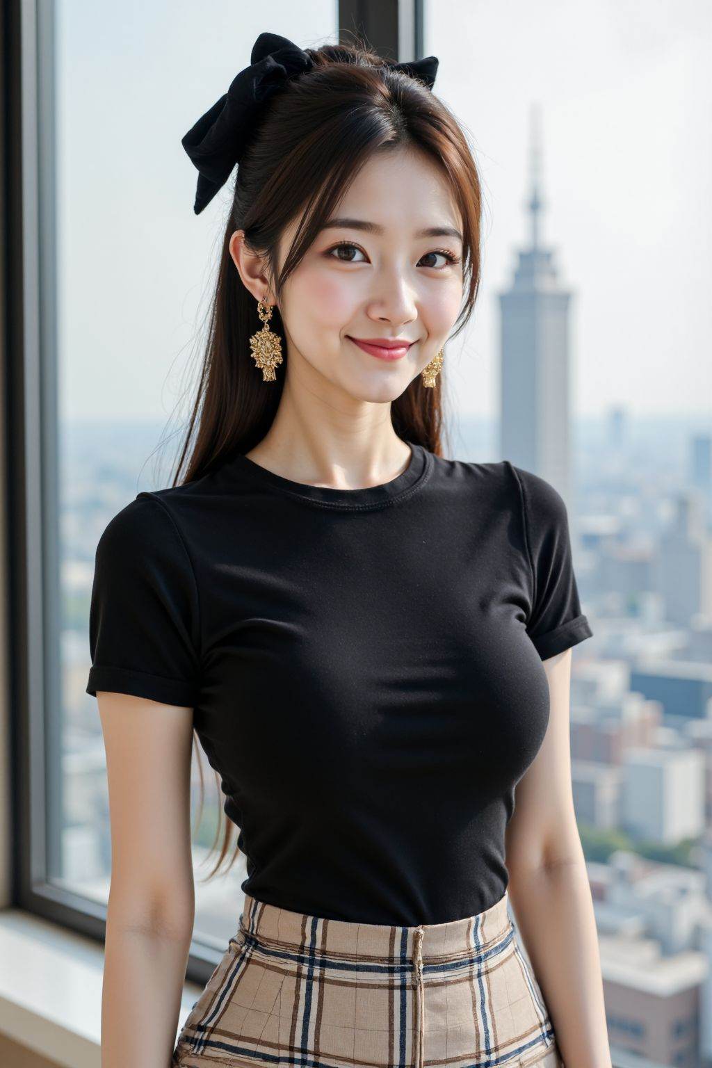 This is a high-resolution photograph of an East Asian woman with fair skin and long, straight, dark brown hair tied back with a large, black bow. She has a slim physique with a small waist and a modest bust. She is wearing a fitted, black, short-sleeve t-shirt that accentuates her figure, and a high-waisted, beige plaid skirt. Her makeup is subtle, with a natural look featuring light eyeshadow, mascara, and pink lipstick. She is looking directly at the camera with a gentle, inviting smile.The background features a large window that allows natural light to flood the room, illuminating the scene. Outside the window, there is a cityscape with tall buildings, including a skyscraper, suggesting an urban setting. The room appears to be modern and well-lit, with a clean, minimalist decor. The woman's earrings are ornate, featuring a floral design with a gold tone. The overall aesthetic of the image is clean and polished, with a focus on the subject's youthful, confident demeanor and the chic, stylish outfit she is wearing.