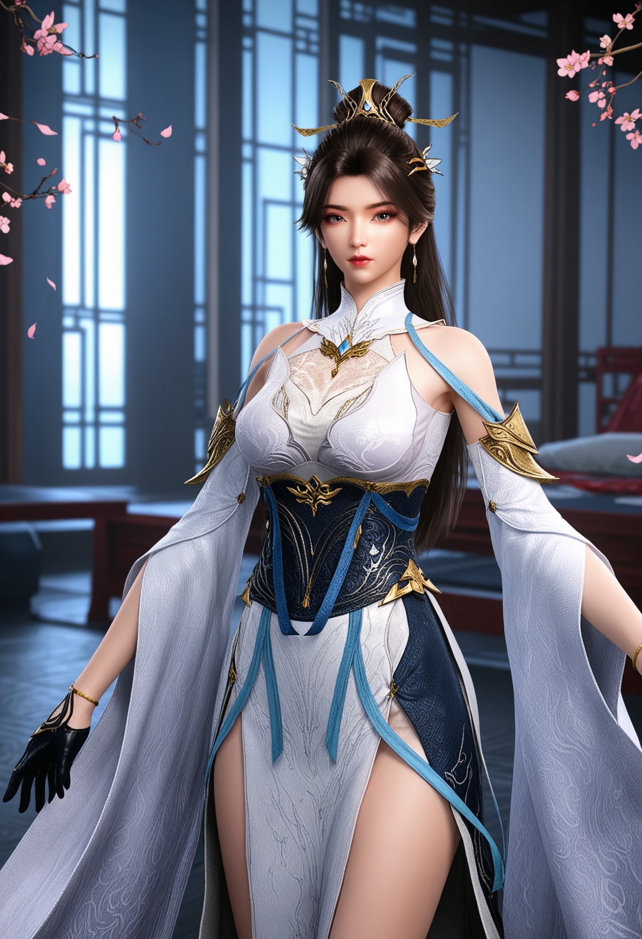 (standing full_body:1.1),(looking at viewer:1.1),masterpiece,(best quality),smog,Dark room,dim lighting,peach blossom,falling petals,<lora:YQ_Illustrious光辉v5_灵溪_V1:0.8>,q1528437228,1girl,solo,jewelry,long hair,hair ornament,earrings,brown hair,dress,white dress,hair bun,black hair,detached sleeves,chinese clothes,gloves,ponytail,black gloves,single hair bun,high heels,brown eyes,grey eyes,blue eyes,sash,bracelet,