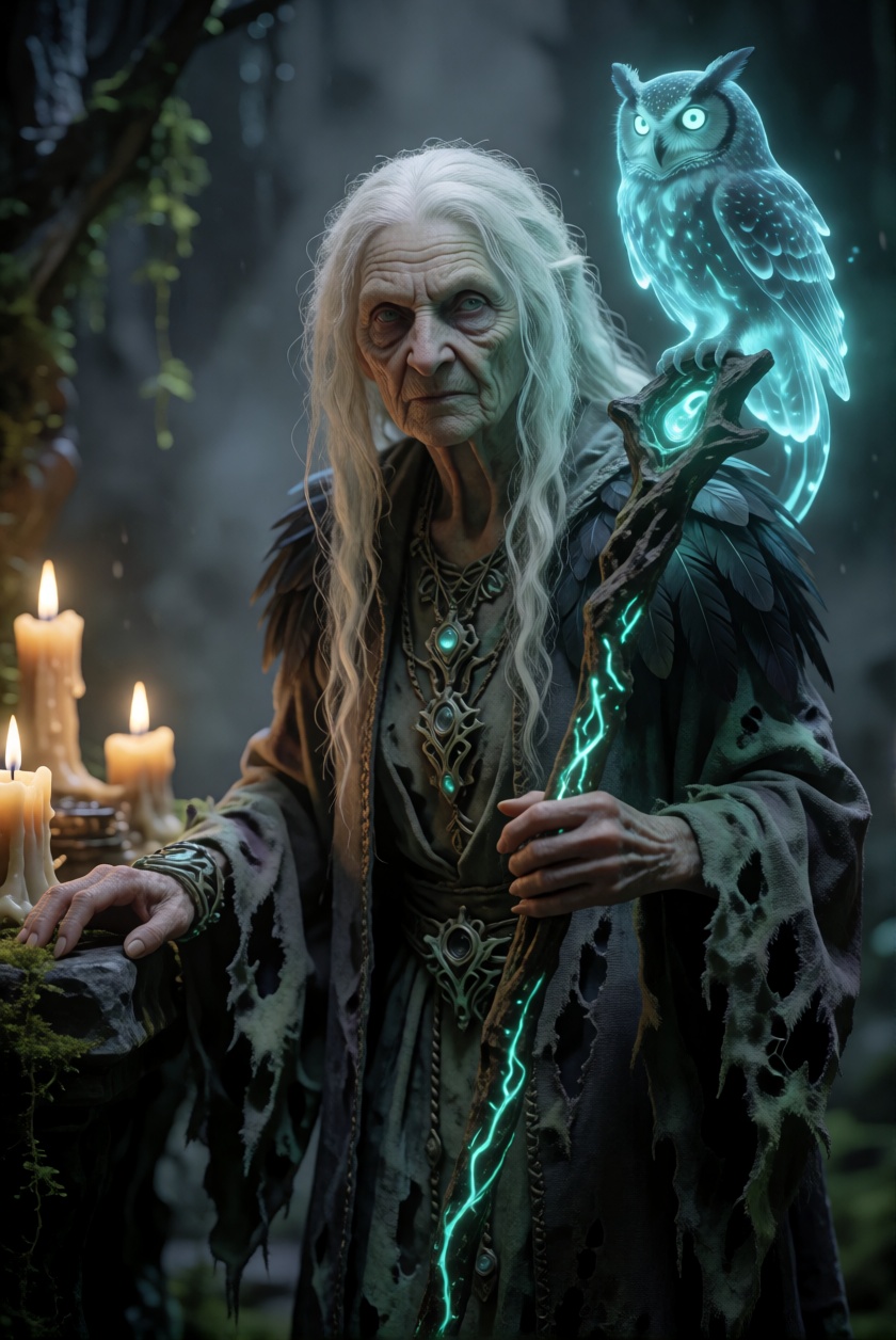 tic_biolum_jungle,  A high-resolution fantasy realistic portrait of a full upper body wise elderly female witch. Long whit...