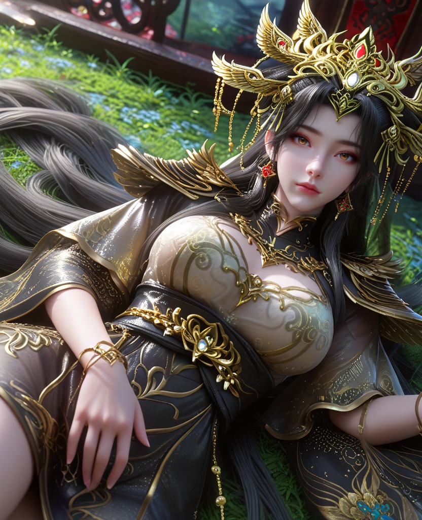 (laying down:1.1),looking at viewer,(large breasts:1.2),<lora:XL16云深不知梦炽阳瑾:0.95>,miss chiyangjin,black tiered dress,brown eyes,black hair,absurdly long hair,half-up braid with long cascading hair,hair ornament,earrings,jewelry,sash,shoulder armor,bracelet,wide sleeves,see-through overdress,clothing cutout,, score_9,score_8_up,score_7_up,score_6_up,score_5_up,score_4_up,3d rendering,tag1,tag2, Cinematic Lighting,backlighting,