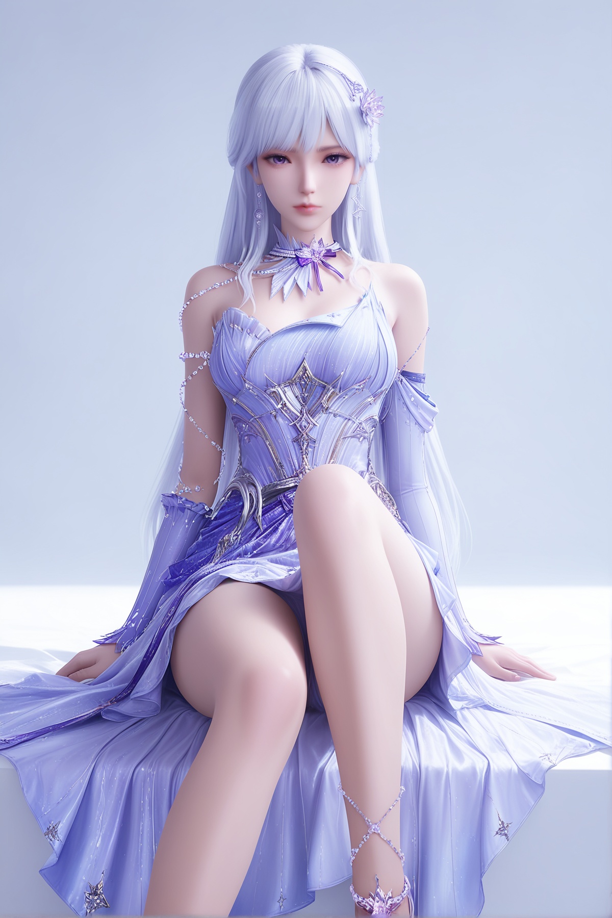 masterpiece,best quality,realistic,cinematic,detail eyes,(ultra-detailed),perfect composition,intricate details,absurdres,detailed face,high quality,high res,8K,,<lora:X_shengcaier_x_IL2.0:0.8>,white hair,purple eyes,1girl,long hair,breast,medium breast,hair_ornament,dress,bare_legs,sitting,simple background,